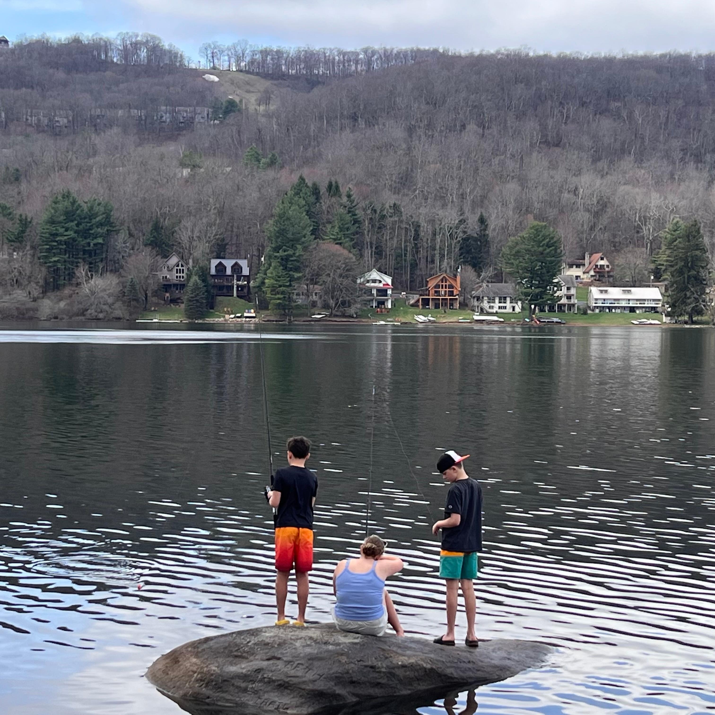 Fishing right off the shore (the docks weren’t in for the season yet)!