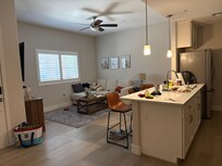 Kitchen/living room view of condo