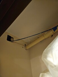 Wired comming thru a hole in the wall closet, also no Pic but burnt outlet in the bathroom