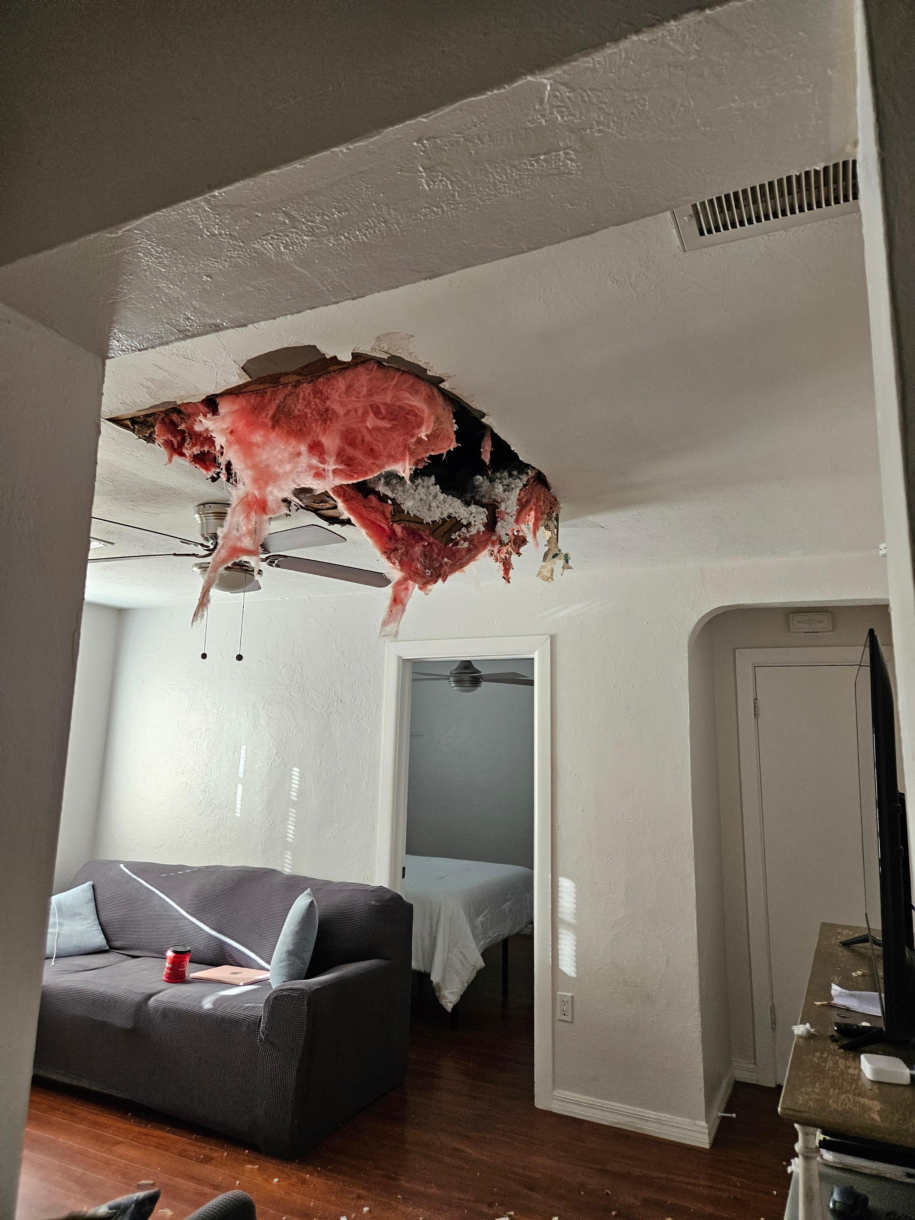 Then i looked up!  While owners returned another large section collapsed!  By that time i had returned to the back of the house to get out of the way, the repairman arrived., We moved out to the new location.