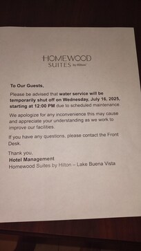 I've never seen a hotel in form a guest at the water will be turned off early morning before checkout ridiculous just a reminder of this horrible condition this property is in it's a shame this is a Hilton property no housekeeping the lobby smells
