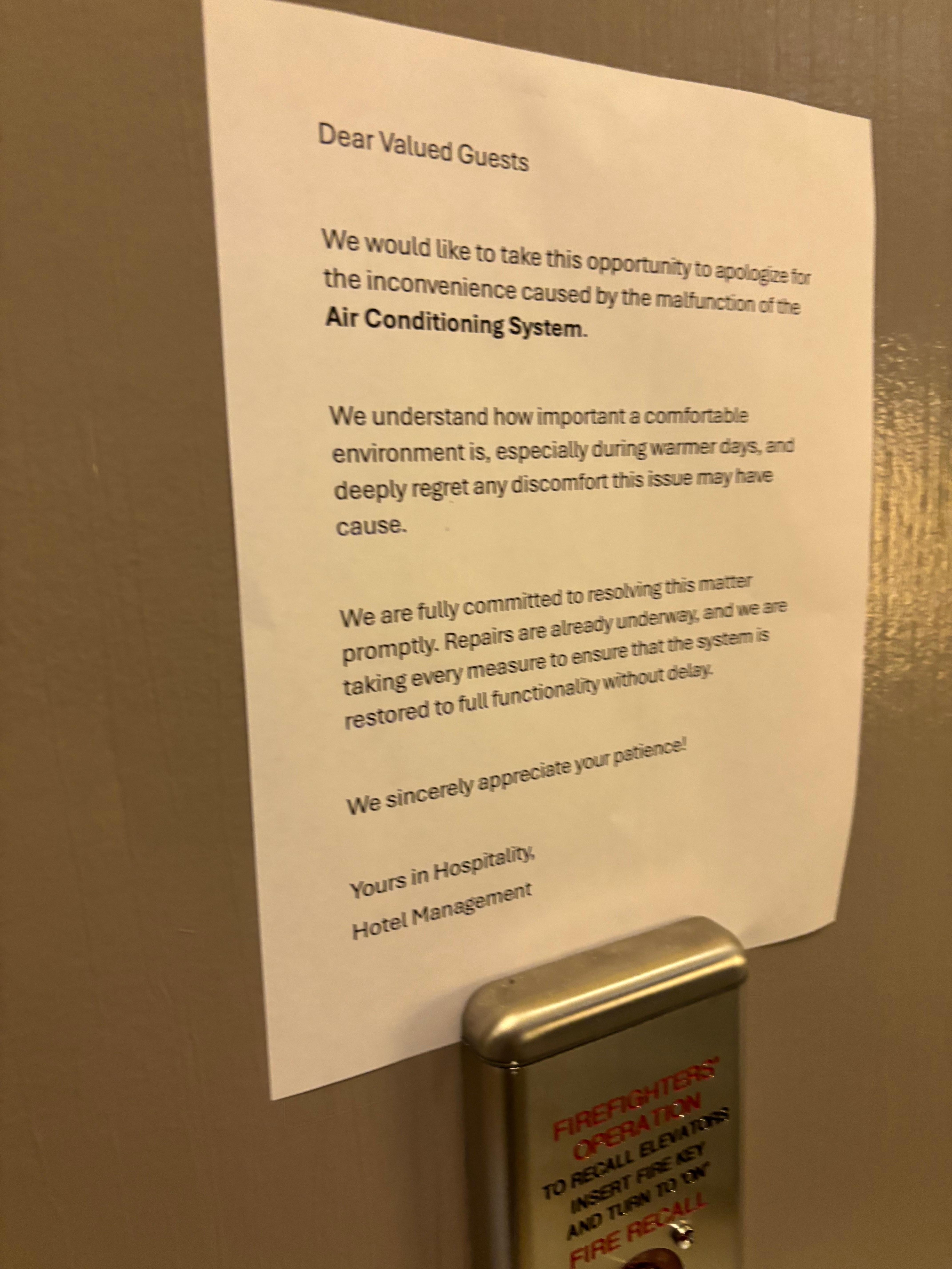 No A/C was not communicated to us upon arrival/ check in or prior to booking. I had to go ask the desk why it wasn’t working.