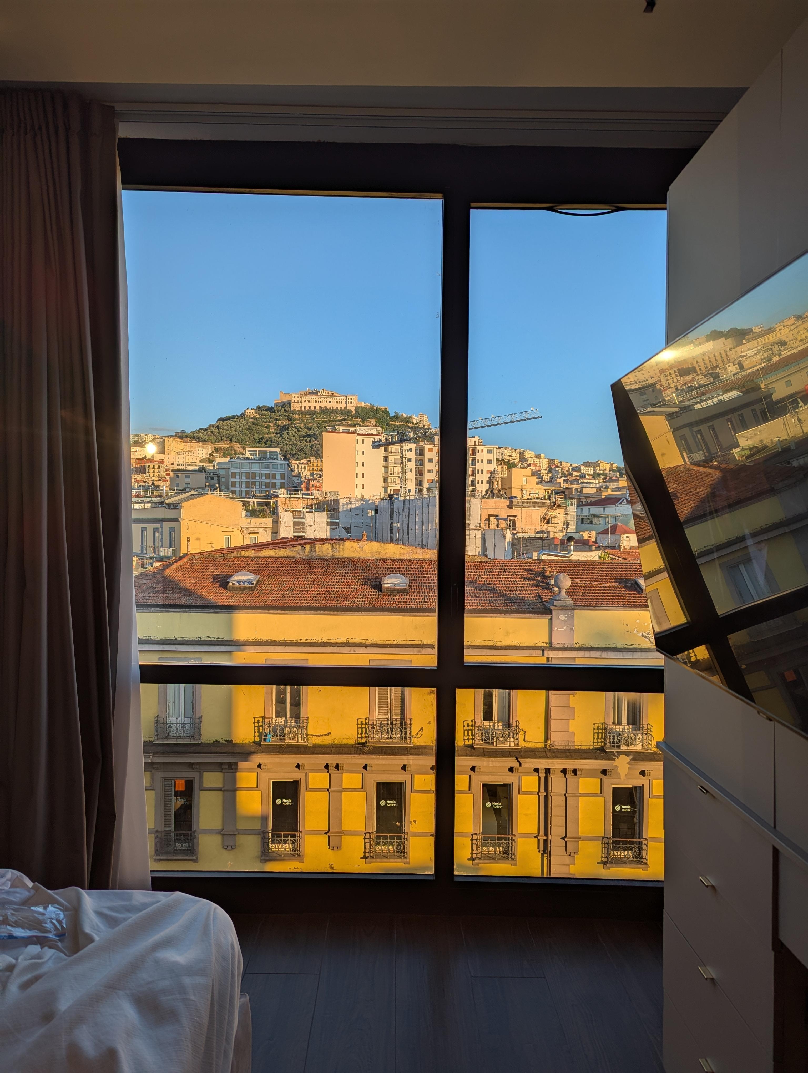 Hotel room window with view.