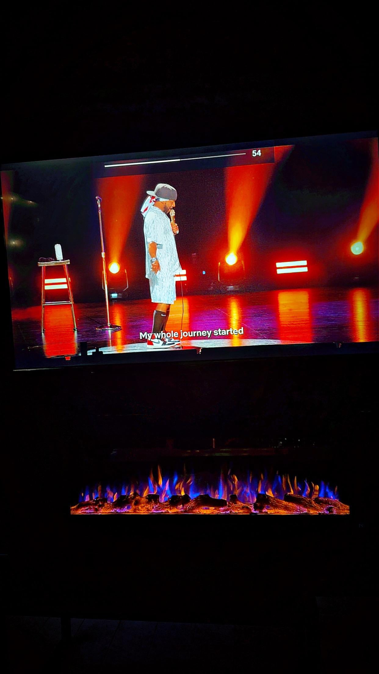 Crisp Air, Watching a show..while, Also enjoying a fireplace & Hot Tub. 