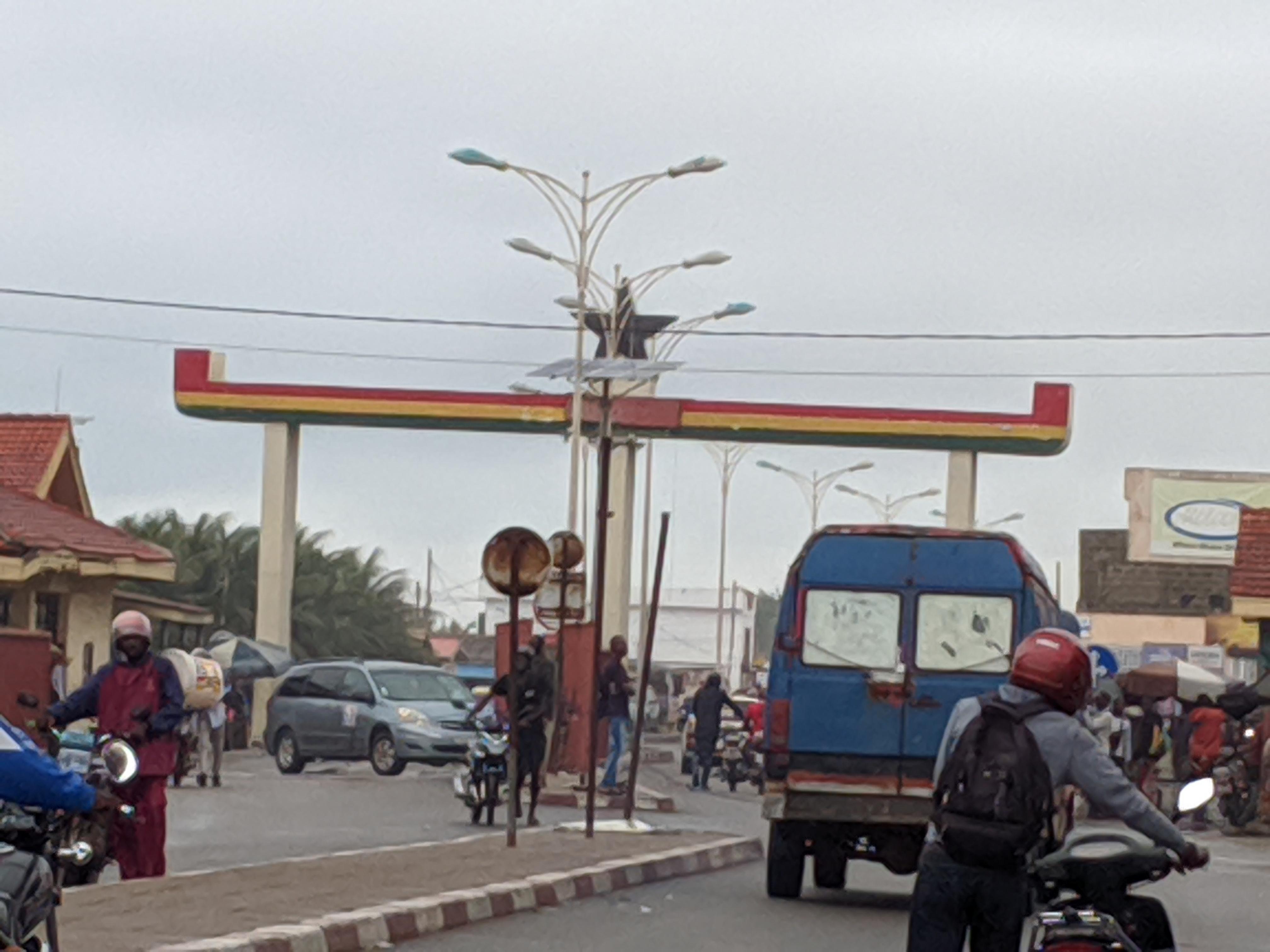 Ghana border at red structure. 5 minutes walk from hotel.