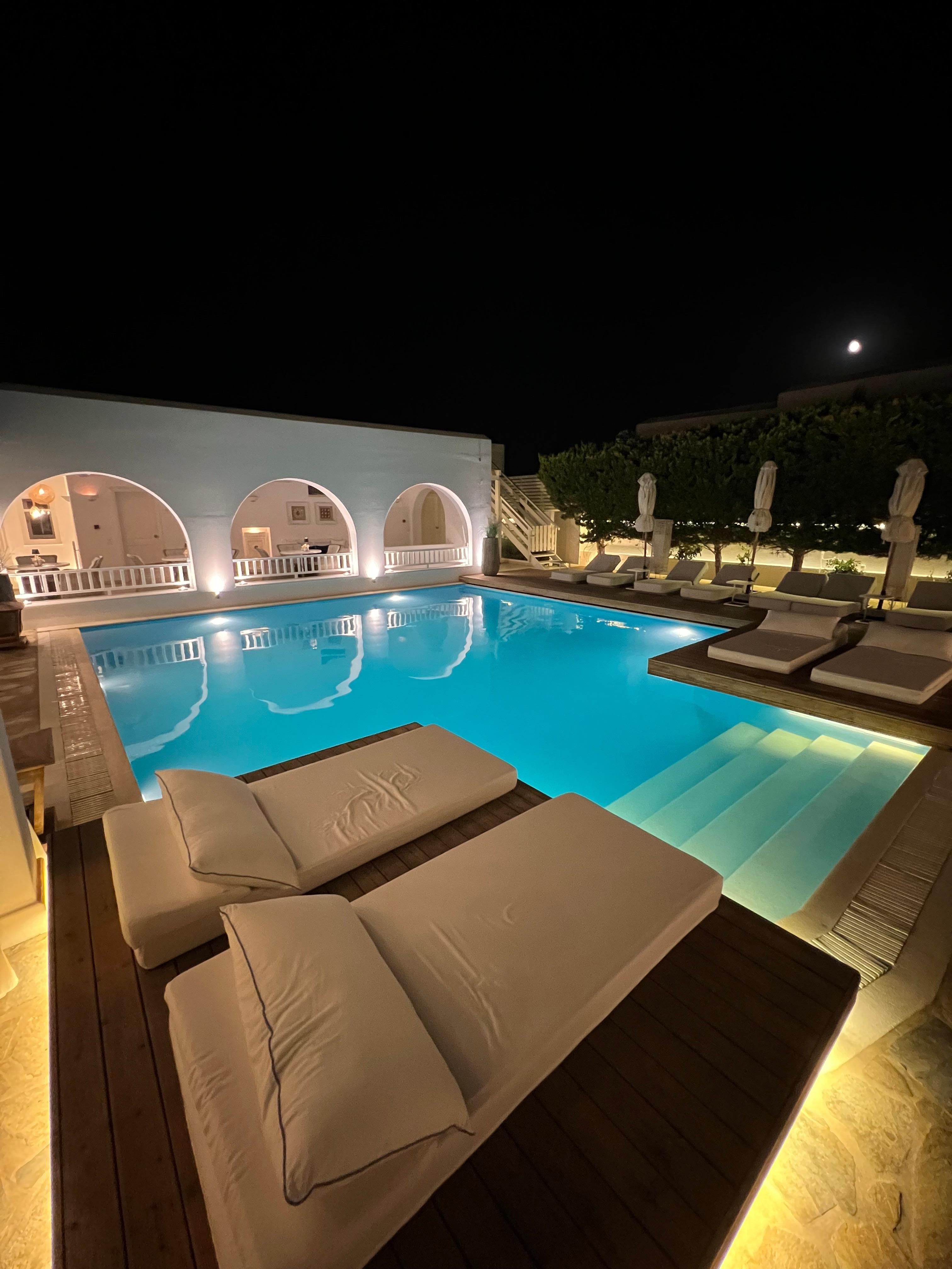 Pool area at night. 