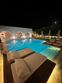Pool area at night.