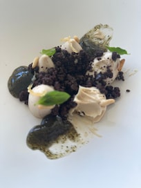 Fantastic dessert of pine nut cream with a basil gel and cocoa olive crumble topping…just an explosion of creativity