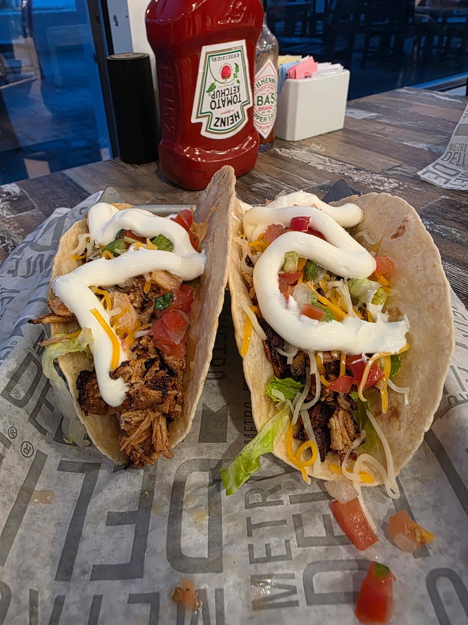 Mojo chicken tacos from tides beach bar. 