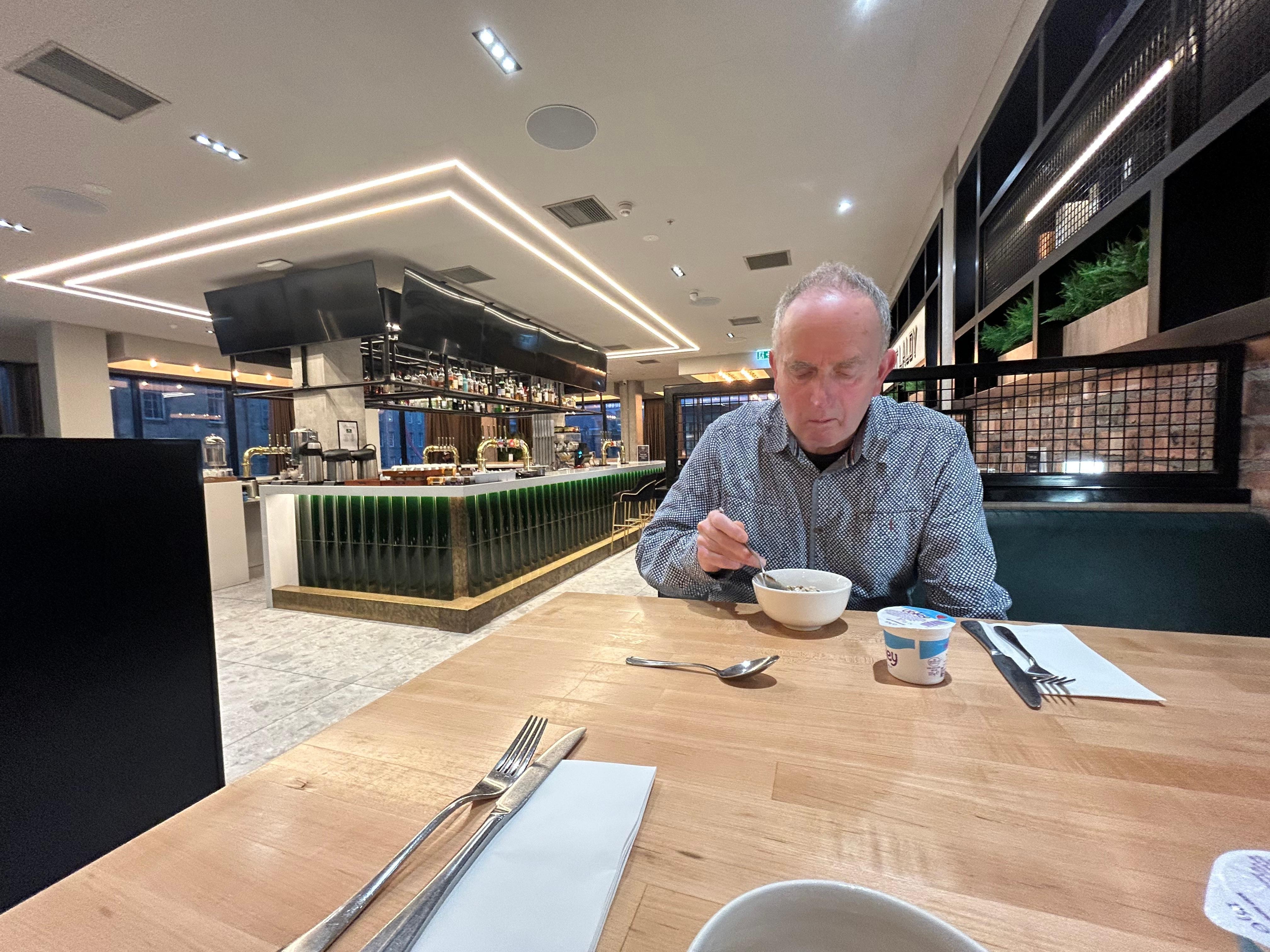 Eating breakfast in Chop restaurant and Bar