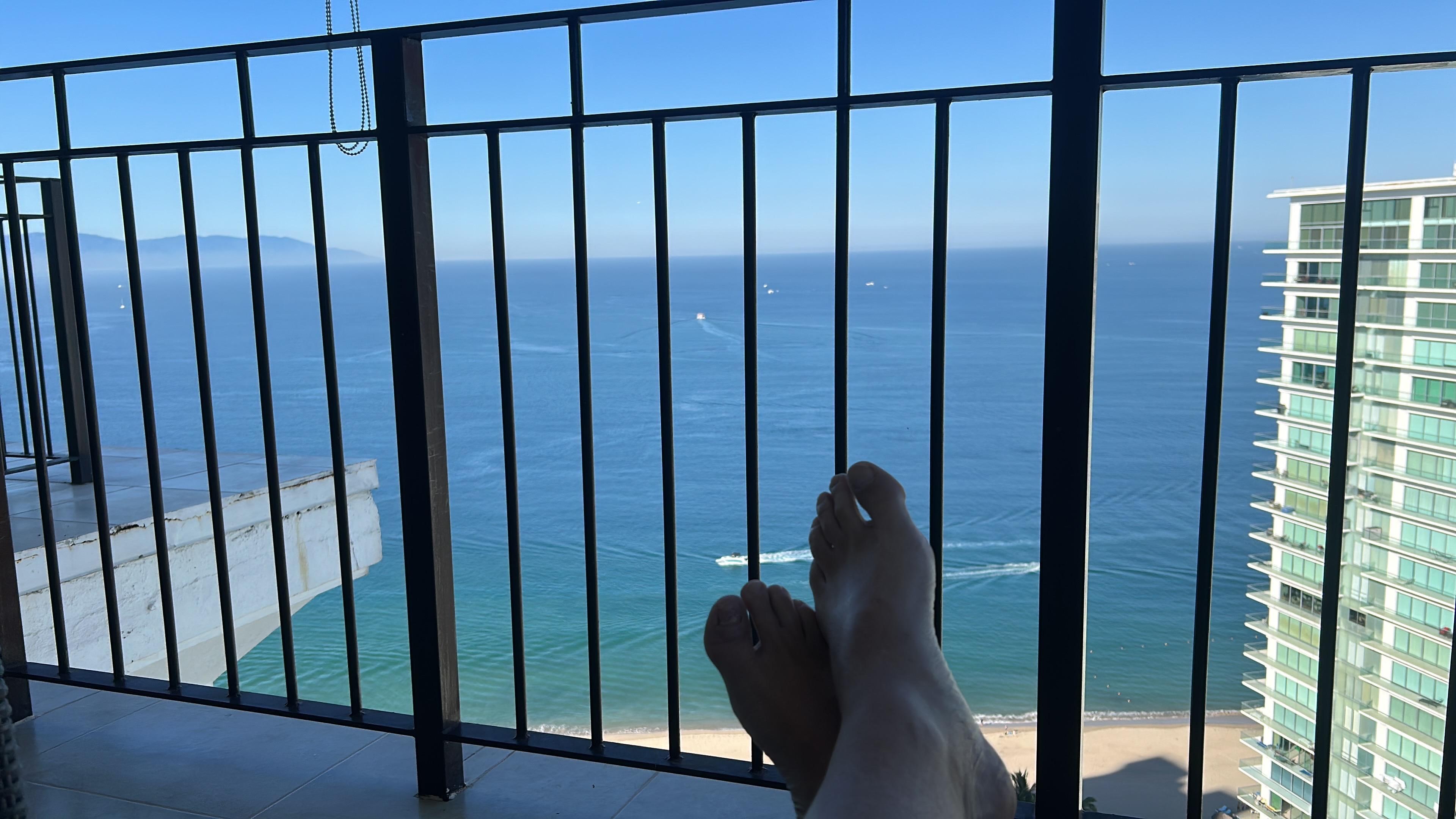 Patio with a view of skydivers, whales!