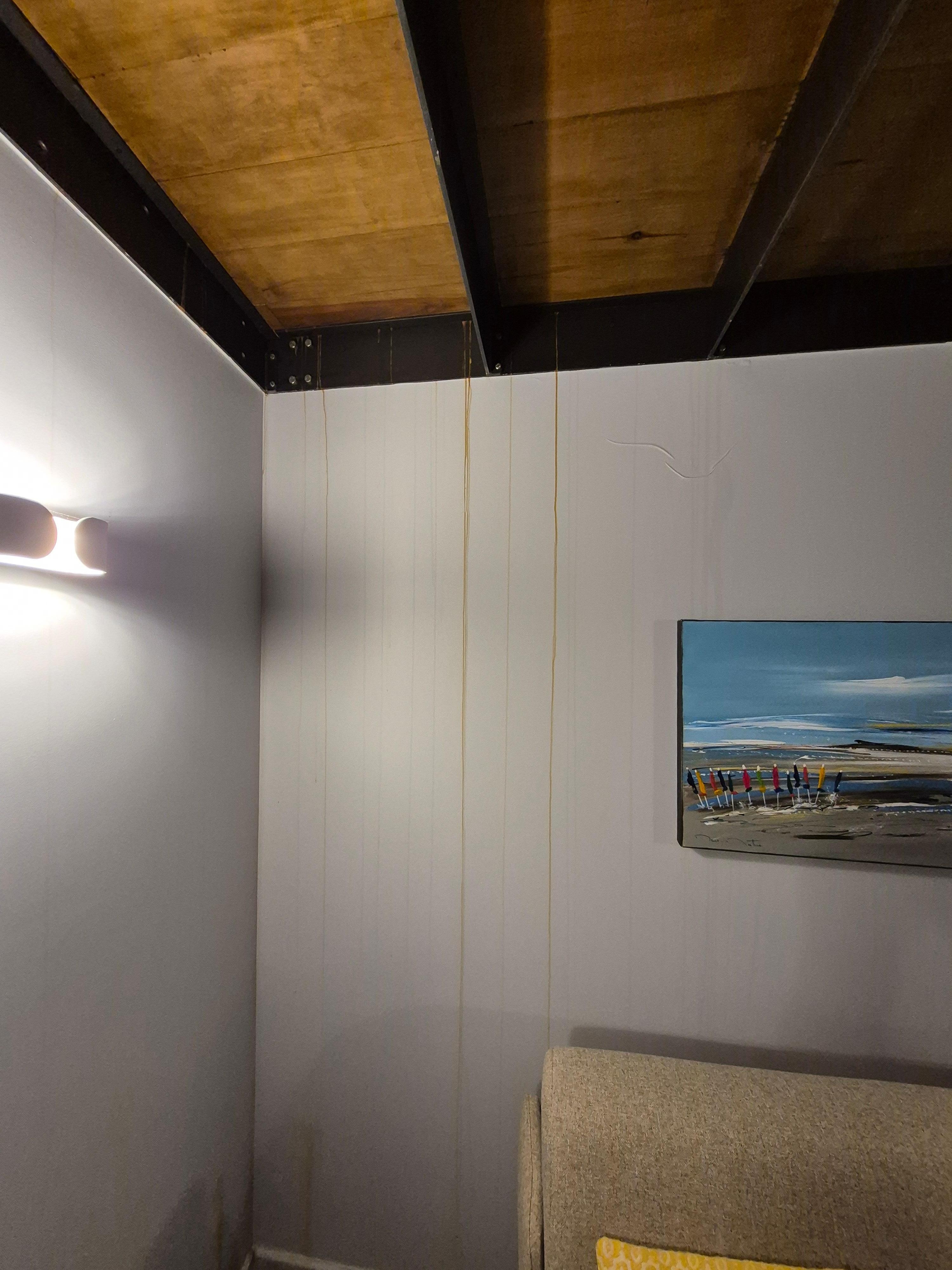 dégât du à une fuite d eau ancienne  de la chambre au dessus pas repeinte ,pour une location à ce prix la c est pas terrible !!!!!!
descente du salon vers la cuisine dangereuse pas de barrière de protection.
il faut bouger la serrure de la porte prin