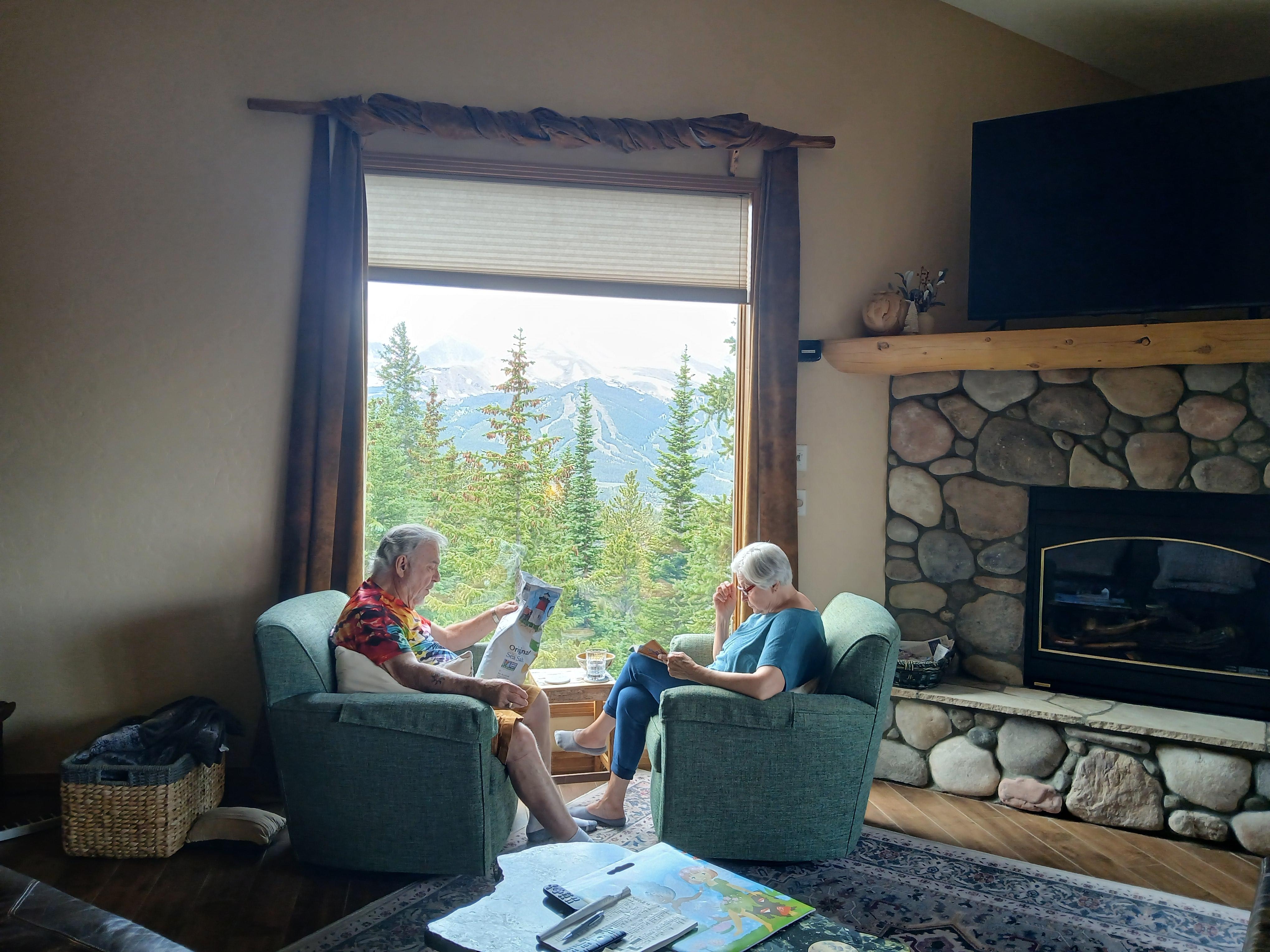 Lovebirds showing off the view from the kitchen