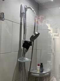 Shower head in queen bathroom held up with duct tape.