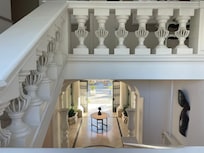 Looking out to the street full of bars and shops.