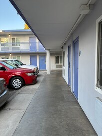 The hotel has a motel feel about it.