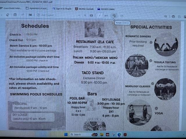 Welcome brochure - hours of places vary. 
Dining room is really only the Cafe' in that the other place is more of a sports hangout.