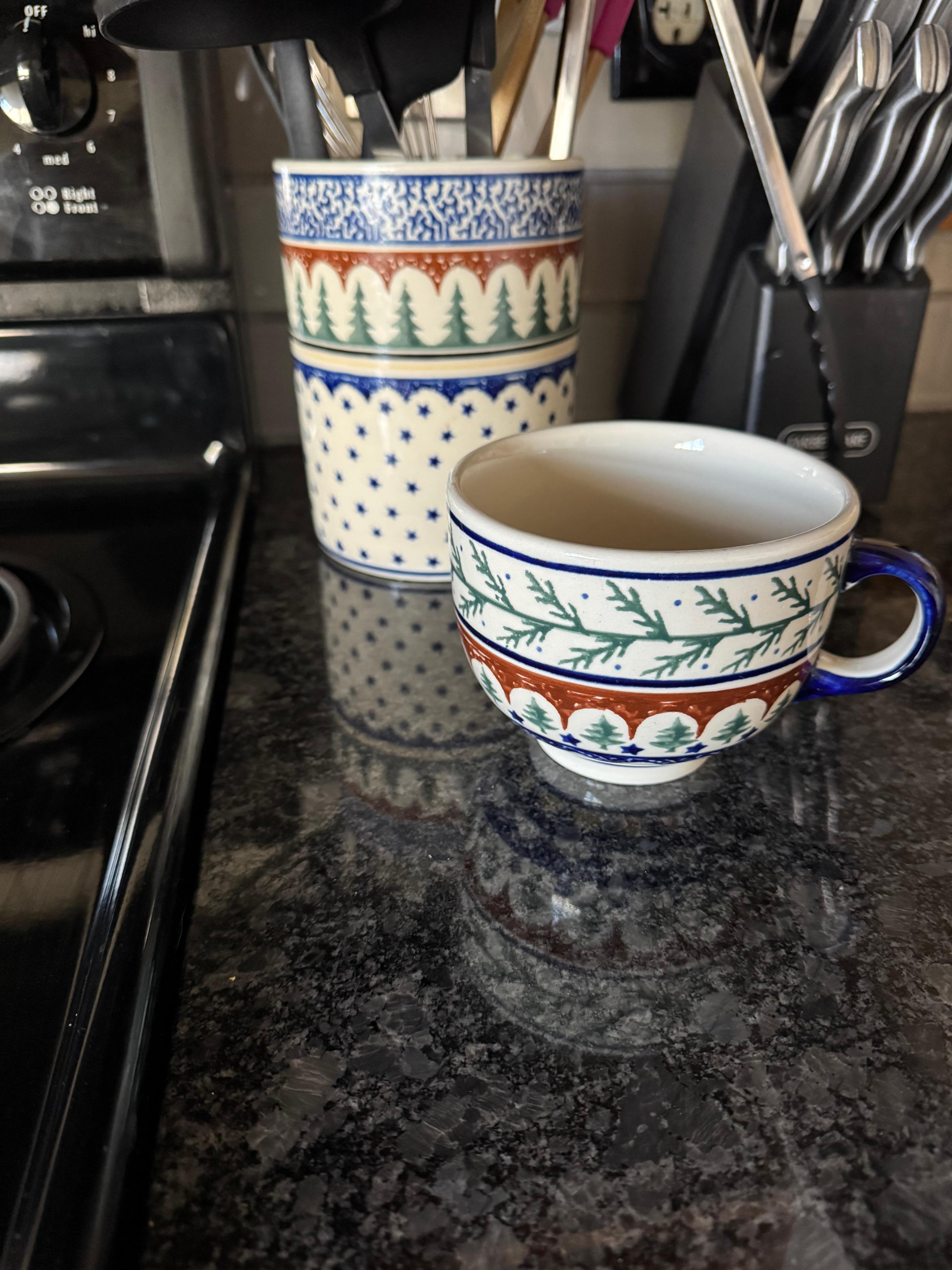 My favorite cup to drink my coffee out of. I’m sure most people would use for soup but I love the Polish pottery 