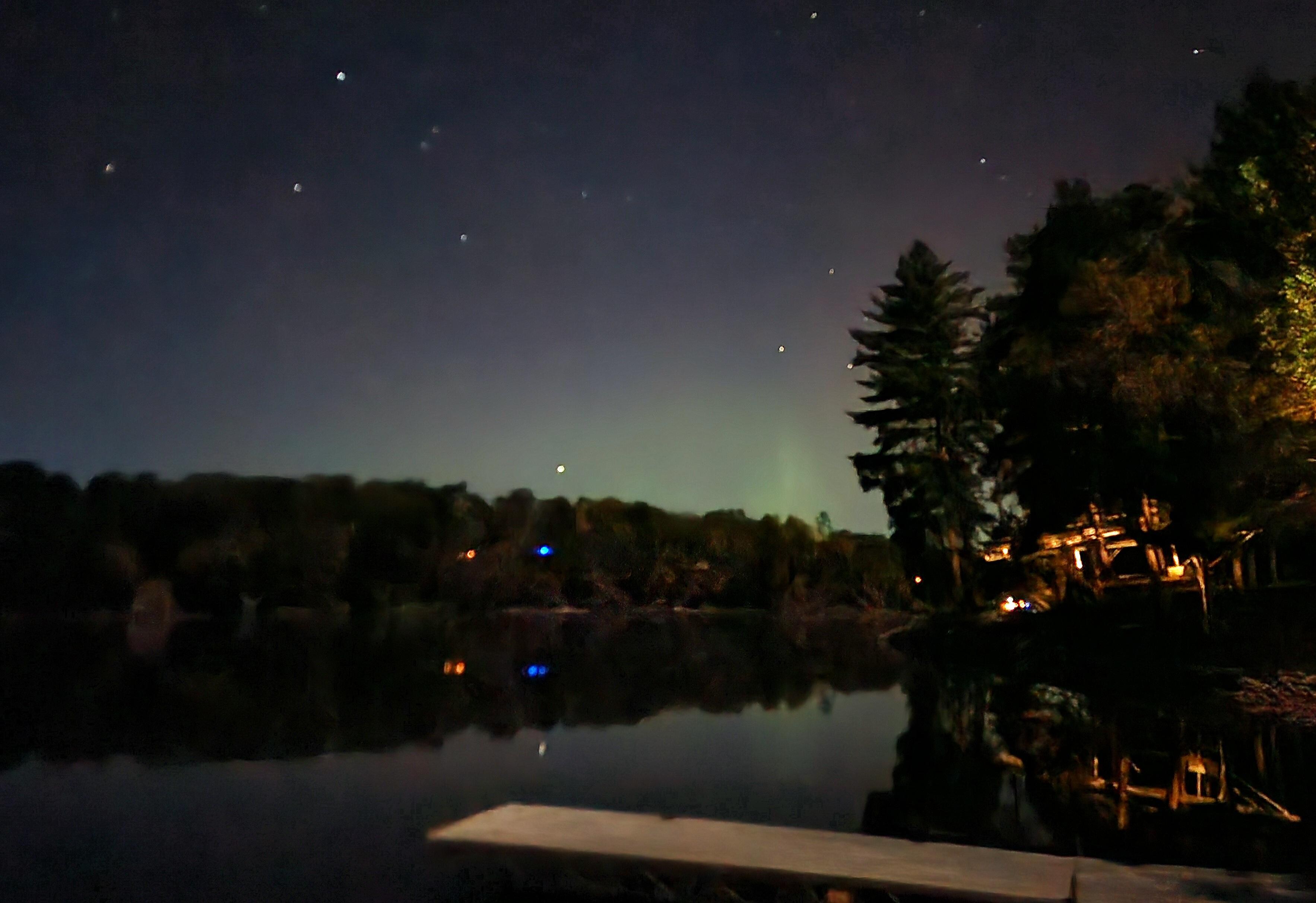 A hint of the aurora from the dock (north is behind the trees)