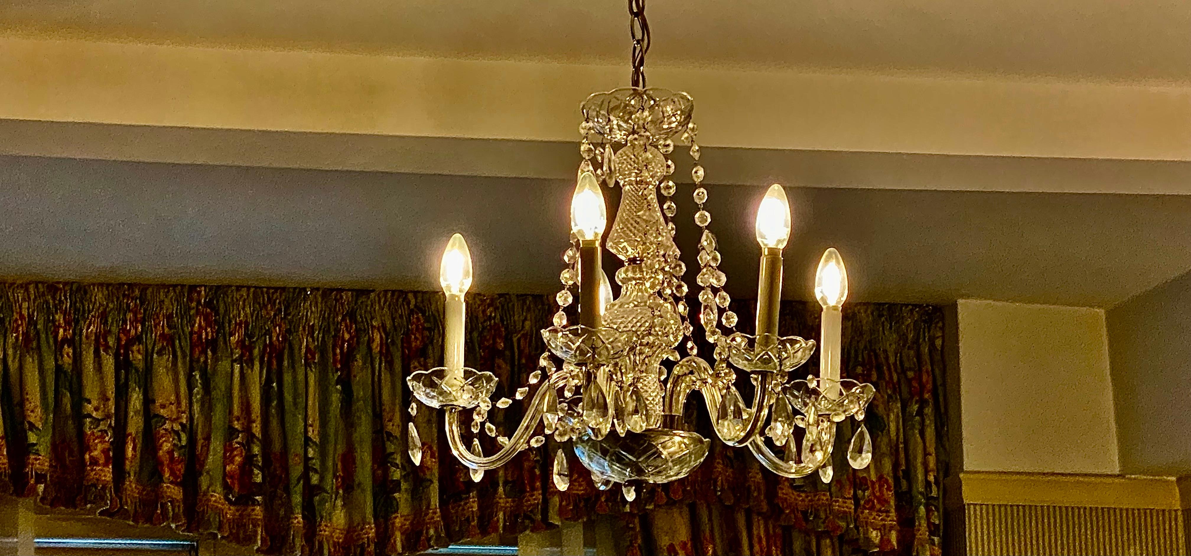 Chandelier in our room along with bubbly. 