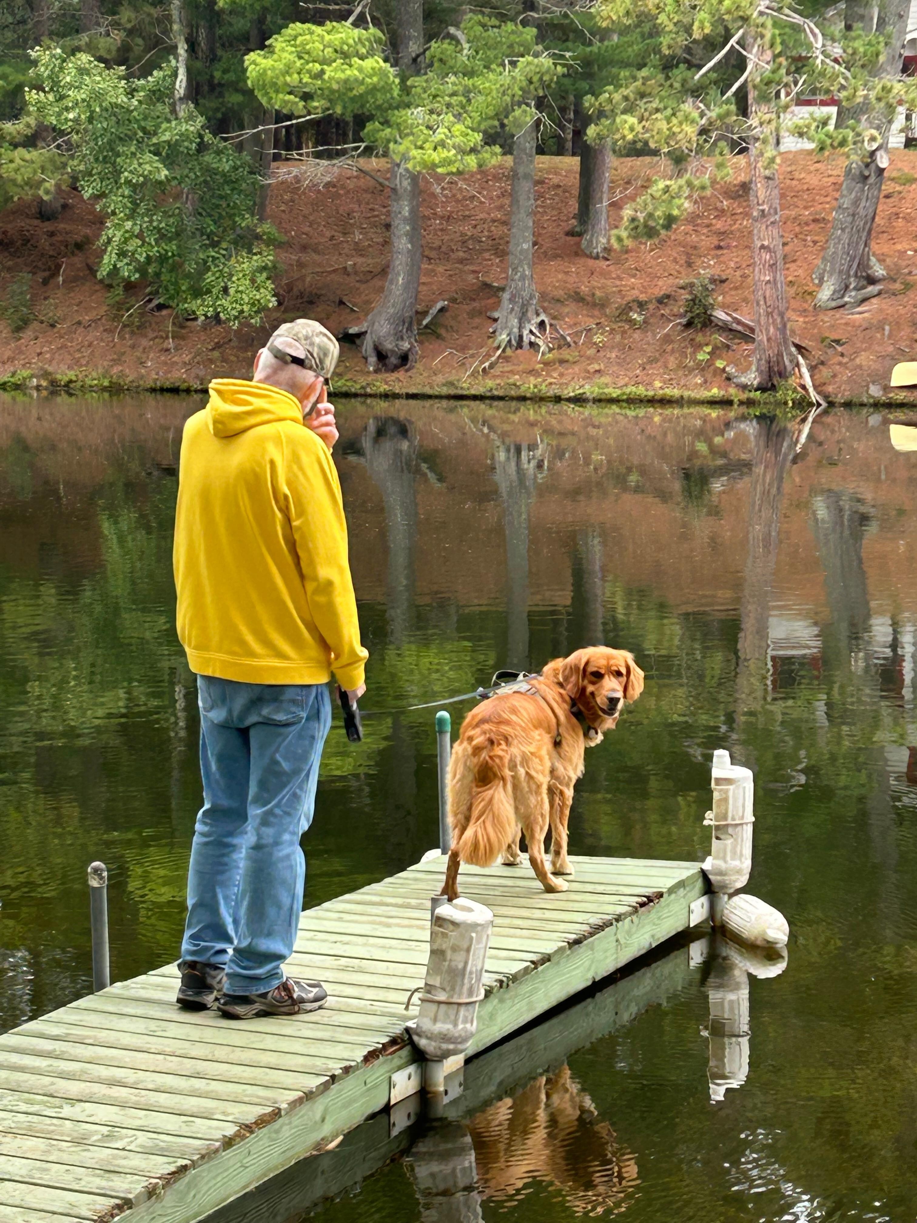 The dick is right in front of the cabin. Pet friendly!