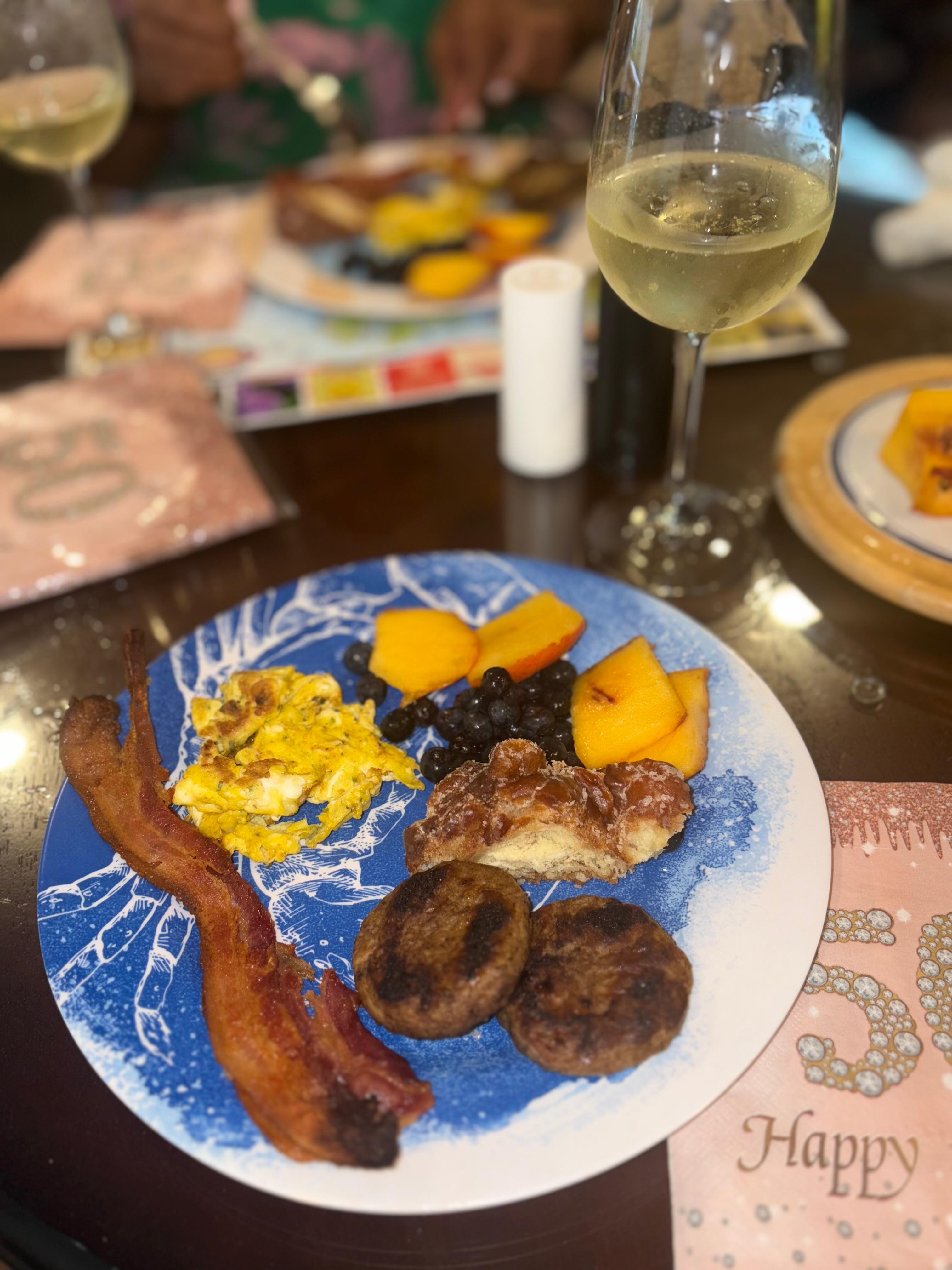 Breakfast one morning! Loved the over grill! I ordered one for my home!!