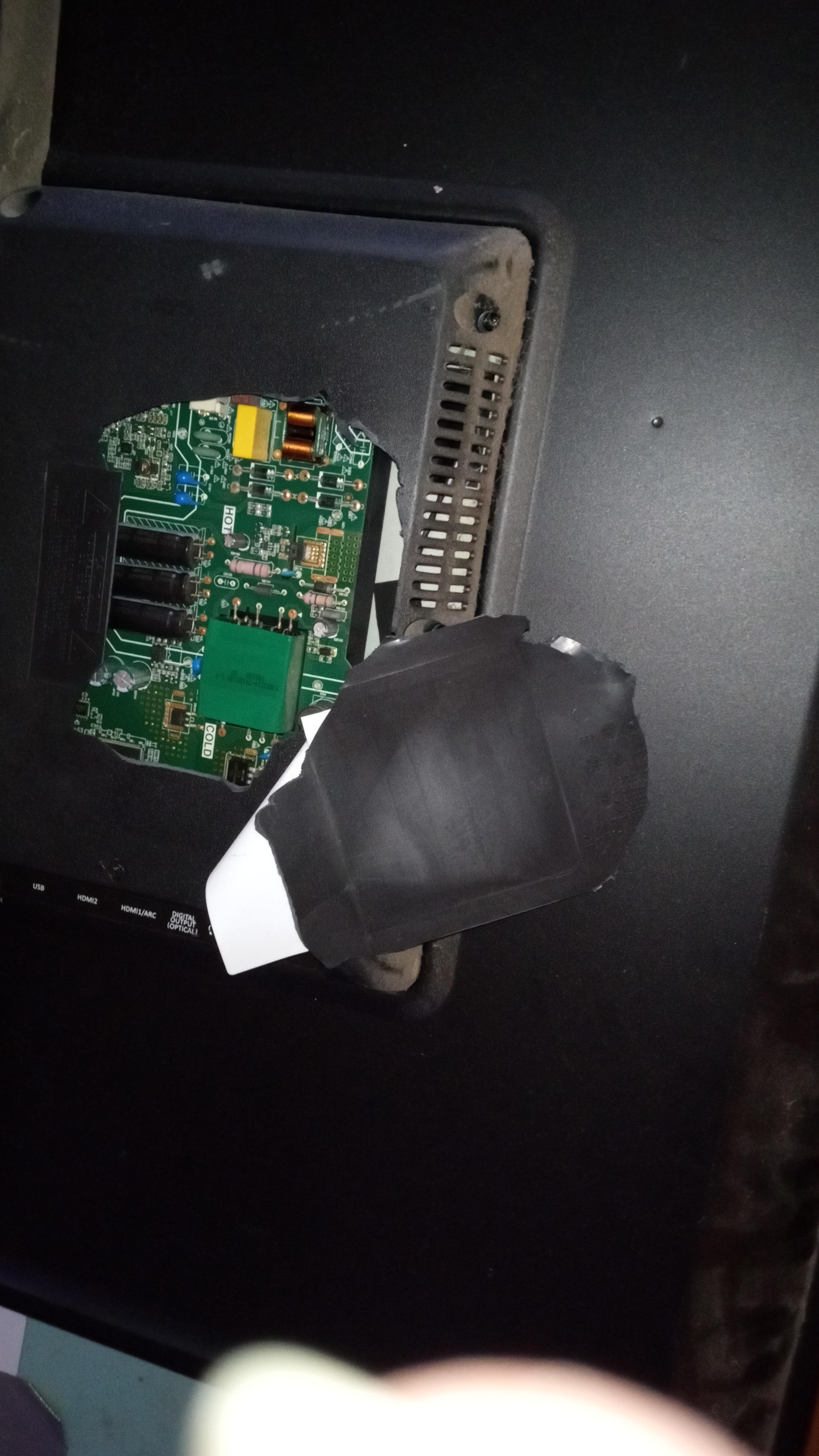 The TV just fell off the wall one morning. It had obviously been taped with a sticker from Best Buy where it was broke. 