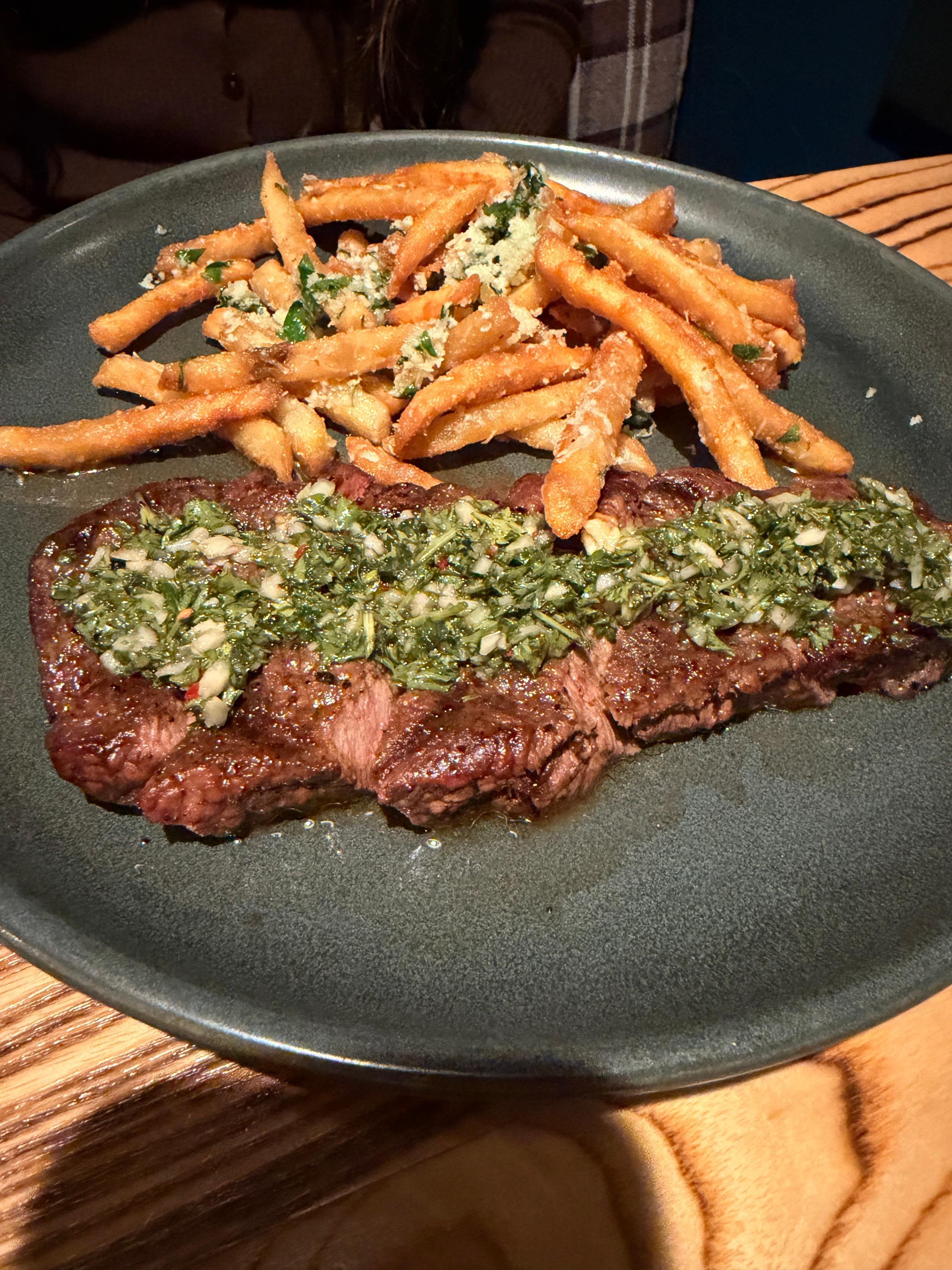 Steak Frites and truffle fries at the Cabin Juice restaurant in the hotel 