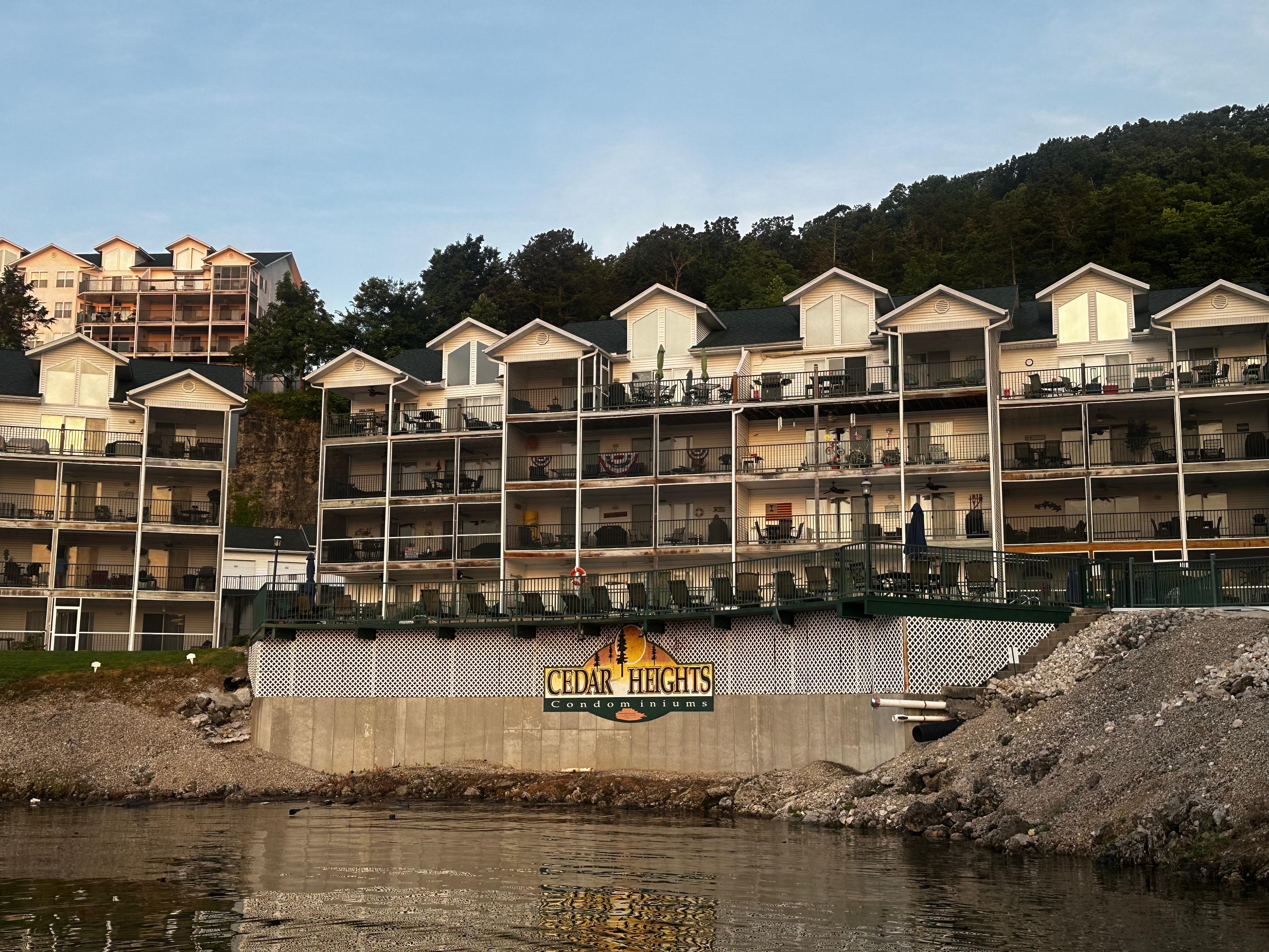 View from one of the docks. Pool area above sign.