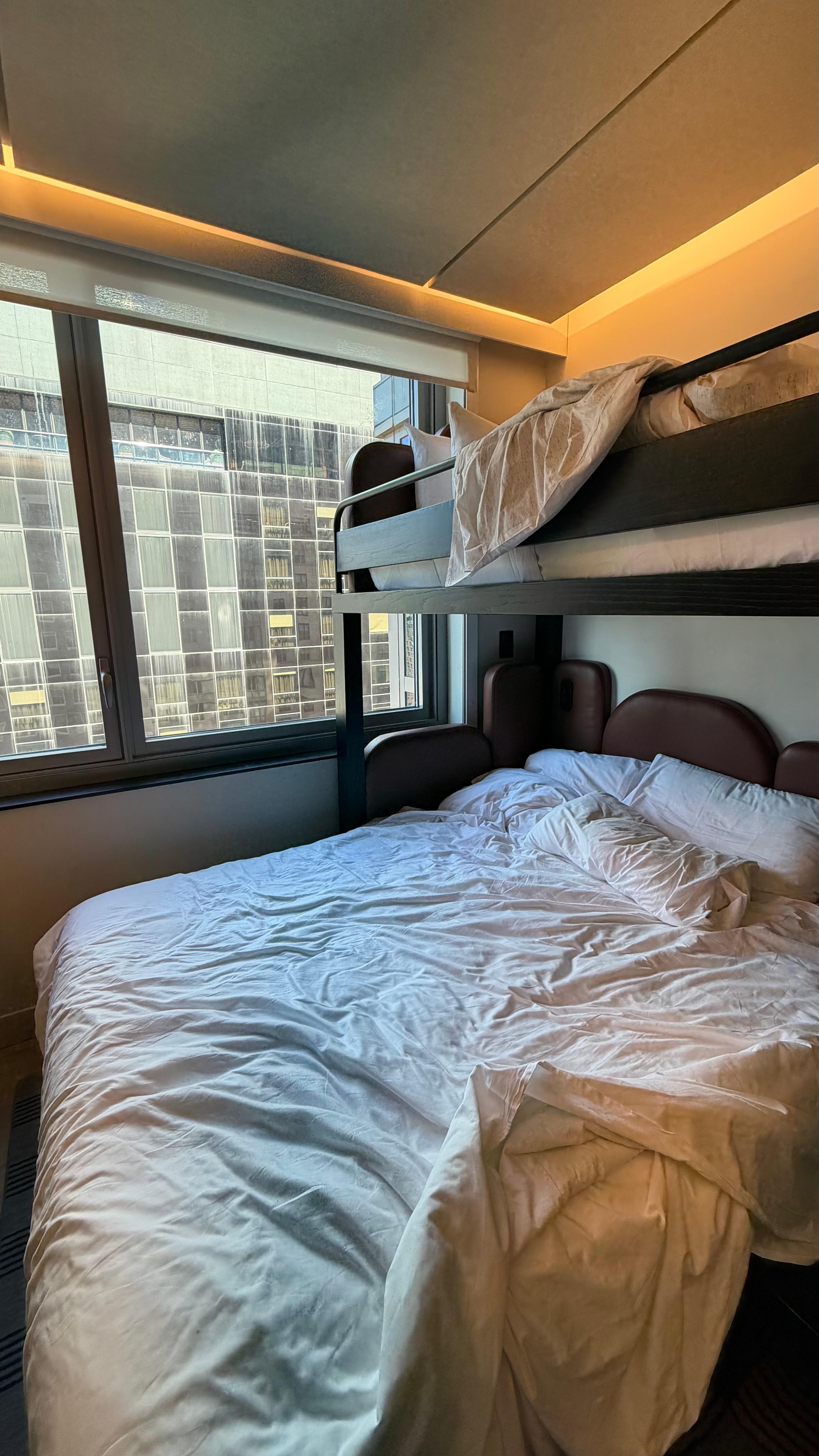 Only took a pic of the bed.  The bed is NEXT to the window.  I’m standing in the bathroom “area” to take this pic. 