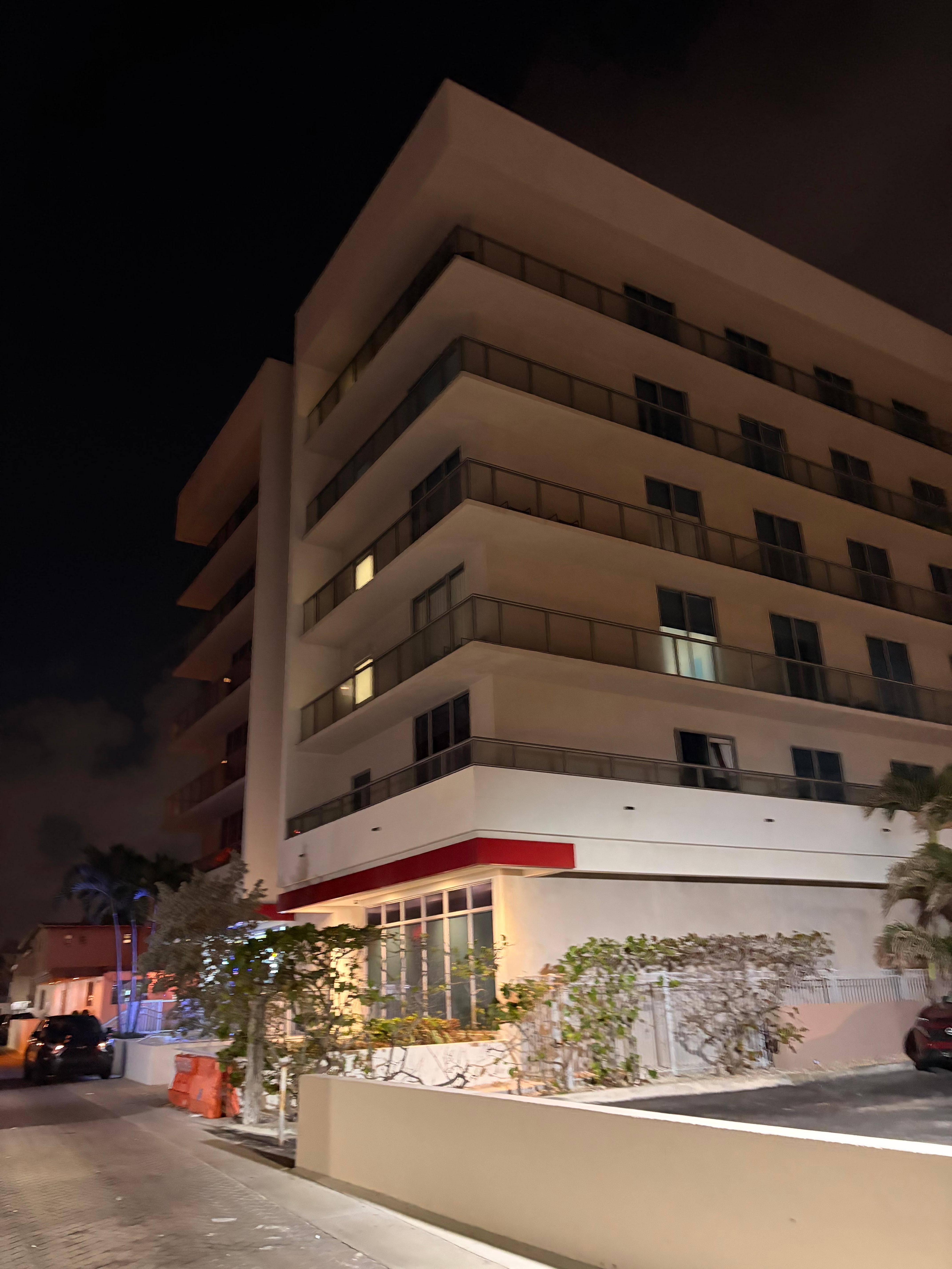 View of the hotel from a night time stroll. 