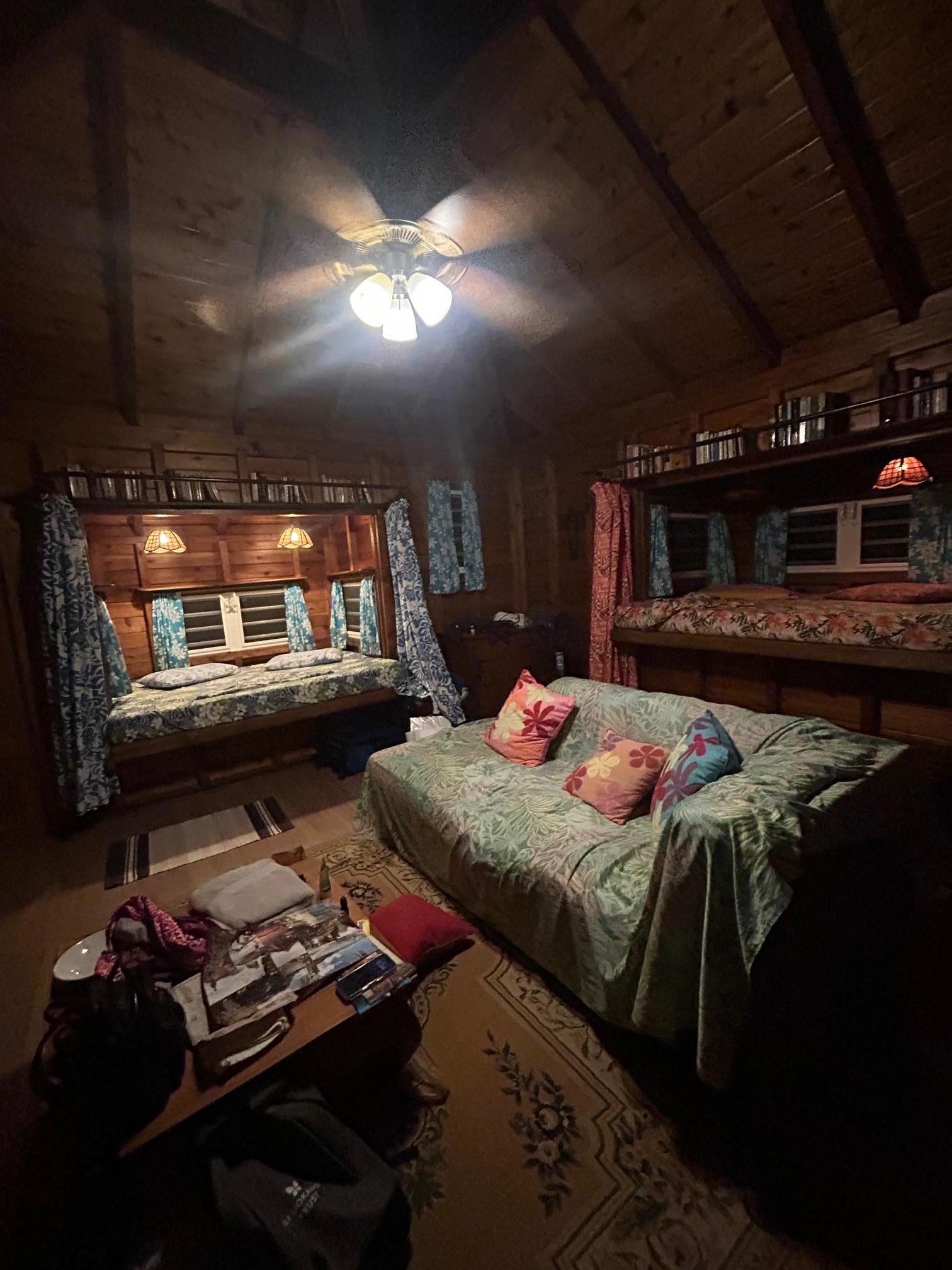 the upstairs has 4 separate sleeping quarters each with their own light and outlets