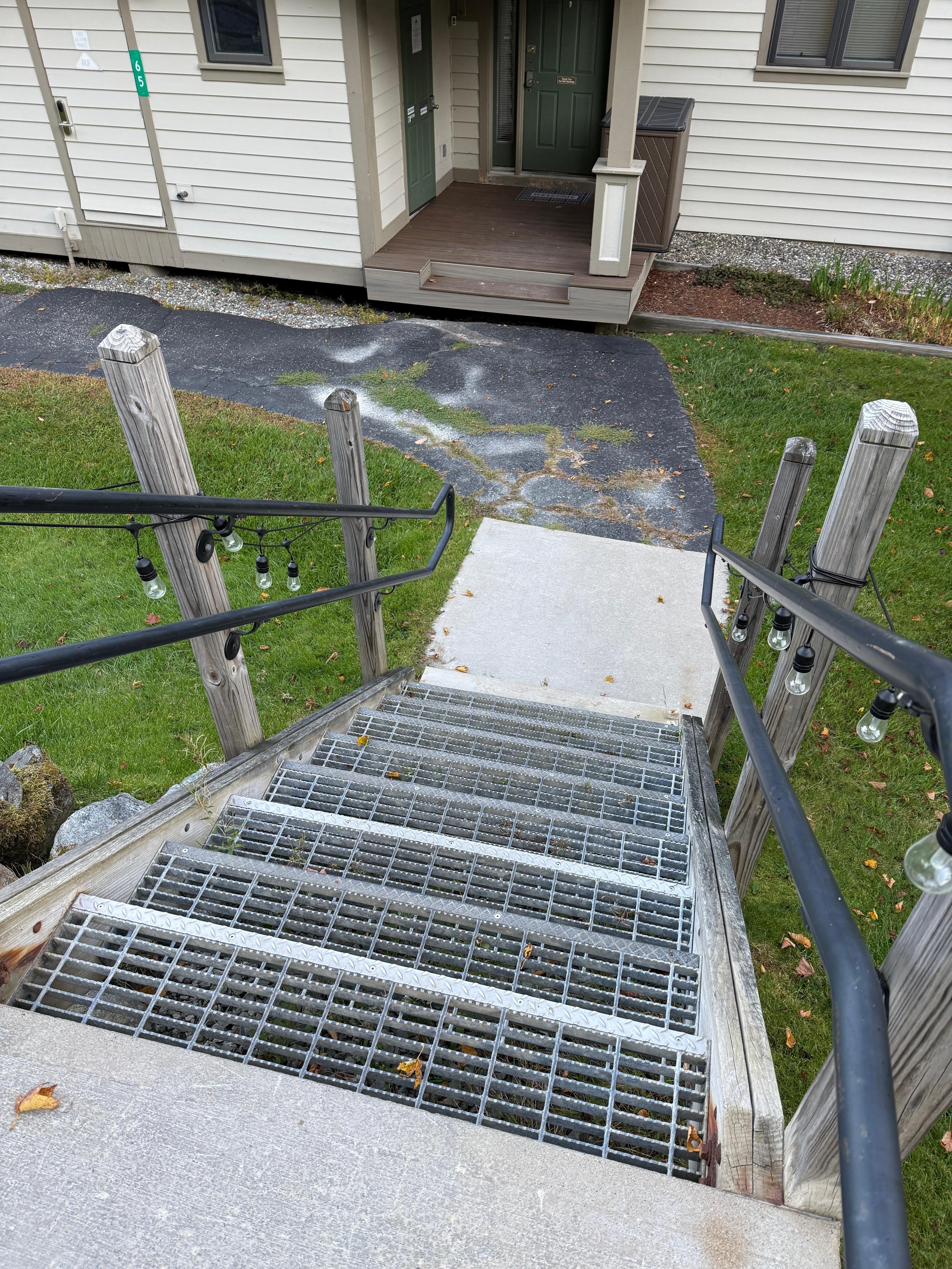 Stairs from parking area to front door.  Suitcases must be carried down them.