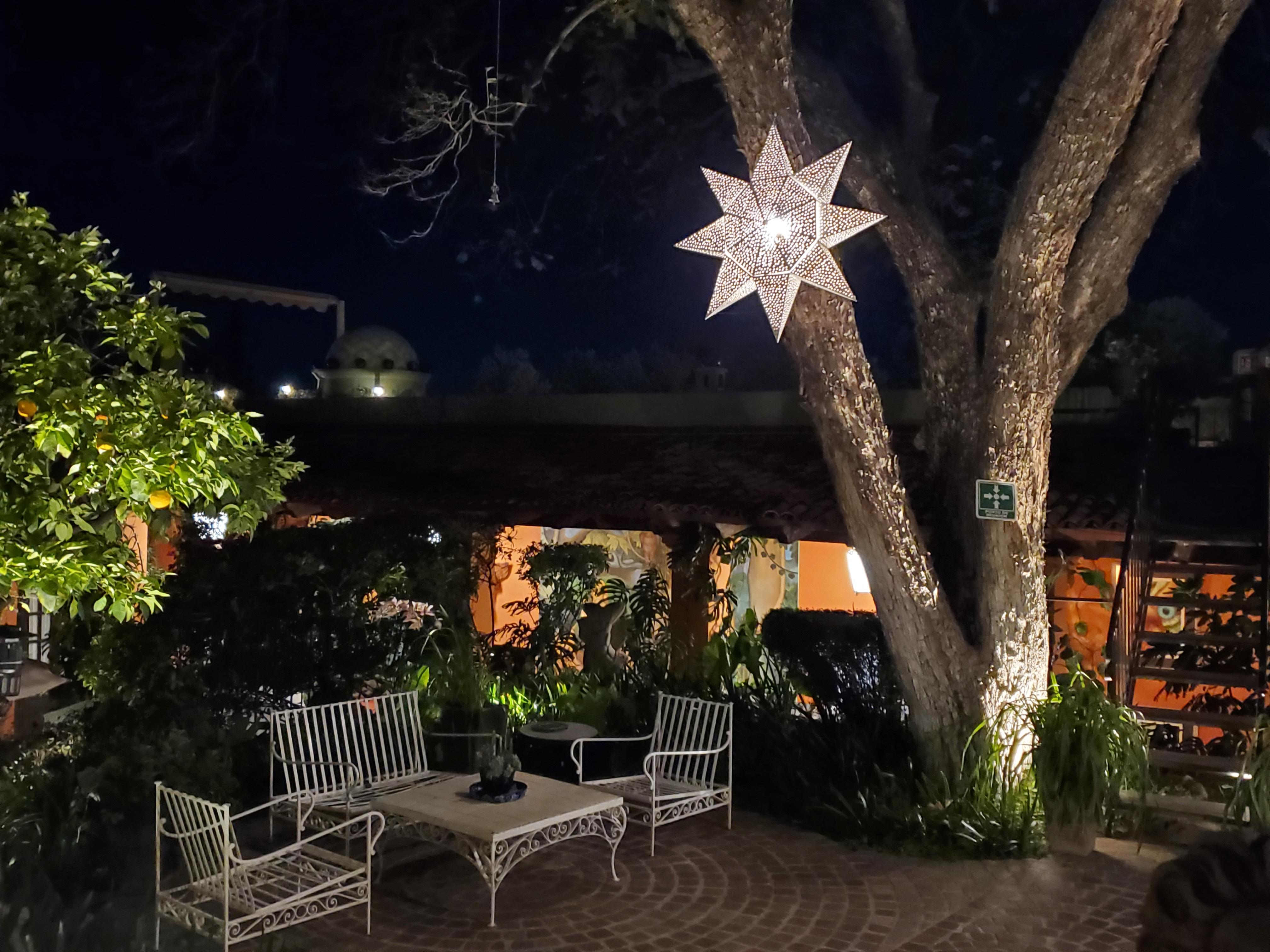 Evening view of one of the outside seating areas