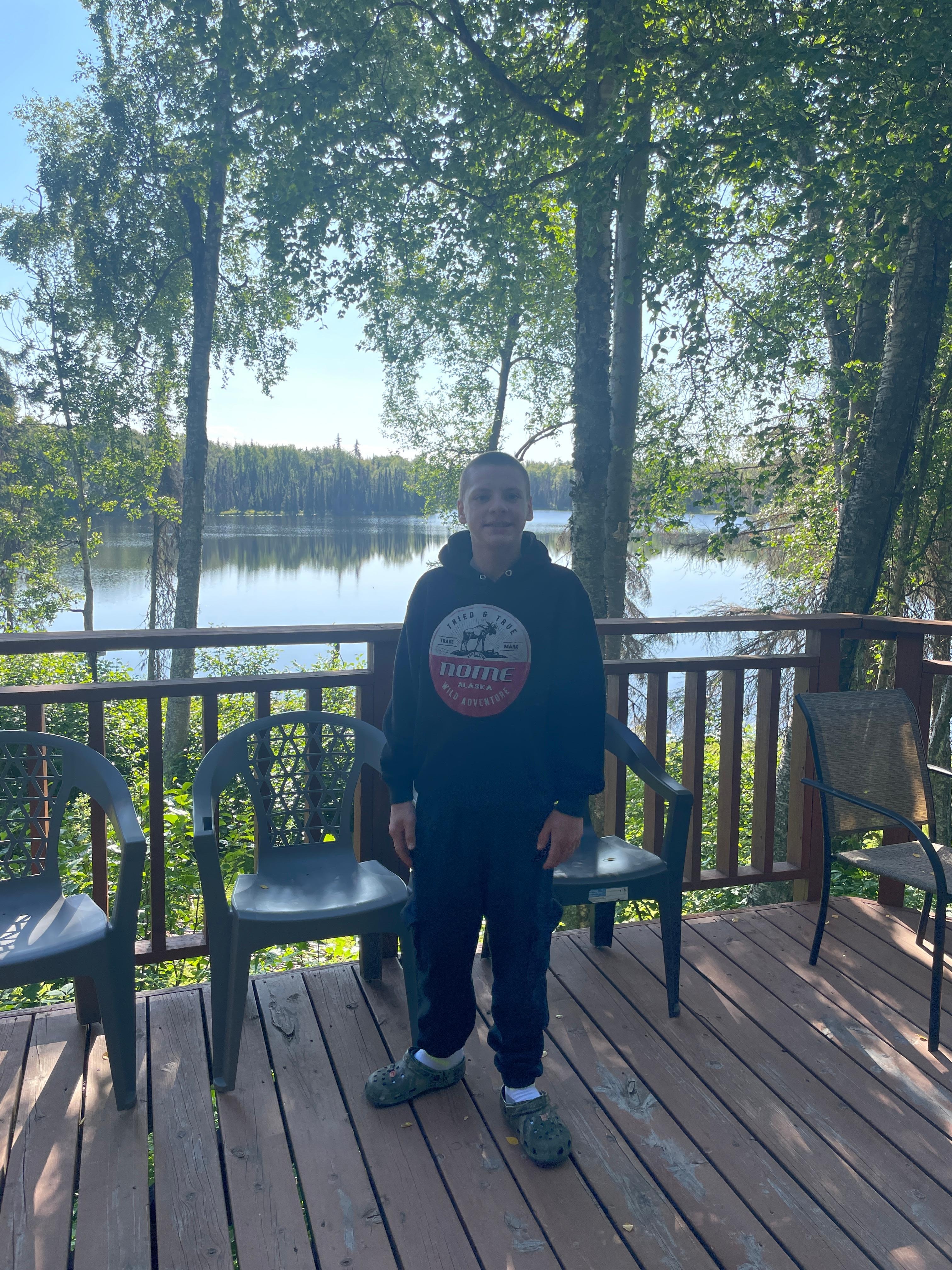 Deck overlooking lake. 