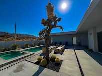 Poolside with on-site Joshua tree.