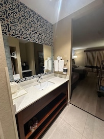 There are two sinks, one inside the bathroom and one outside. This makes it much easier for guests to use.