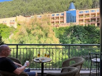 View from the bar over the road toward the expensive spa hotel