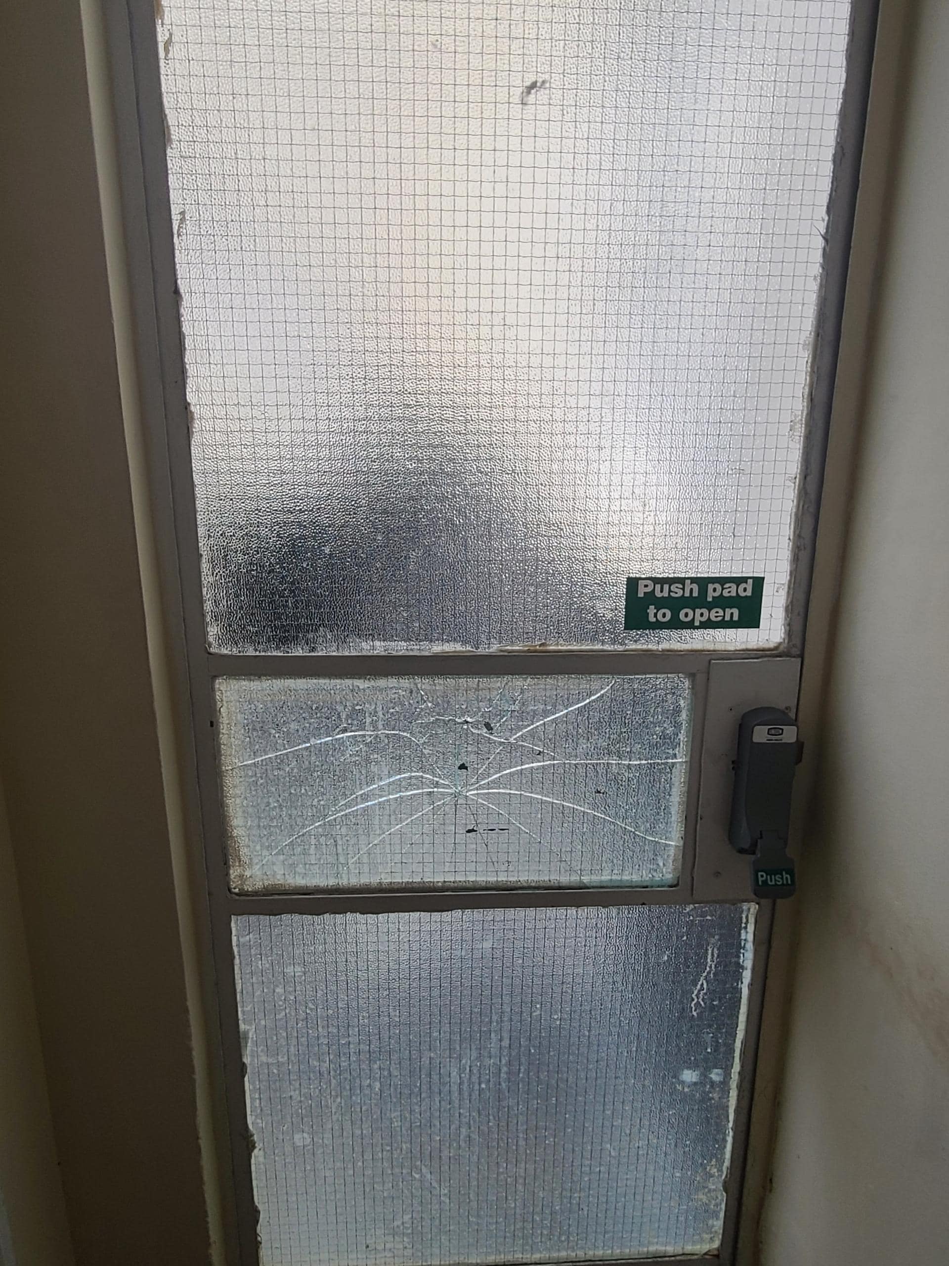 Broken security door on 1st level.