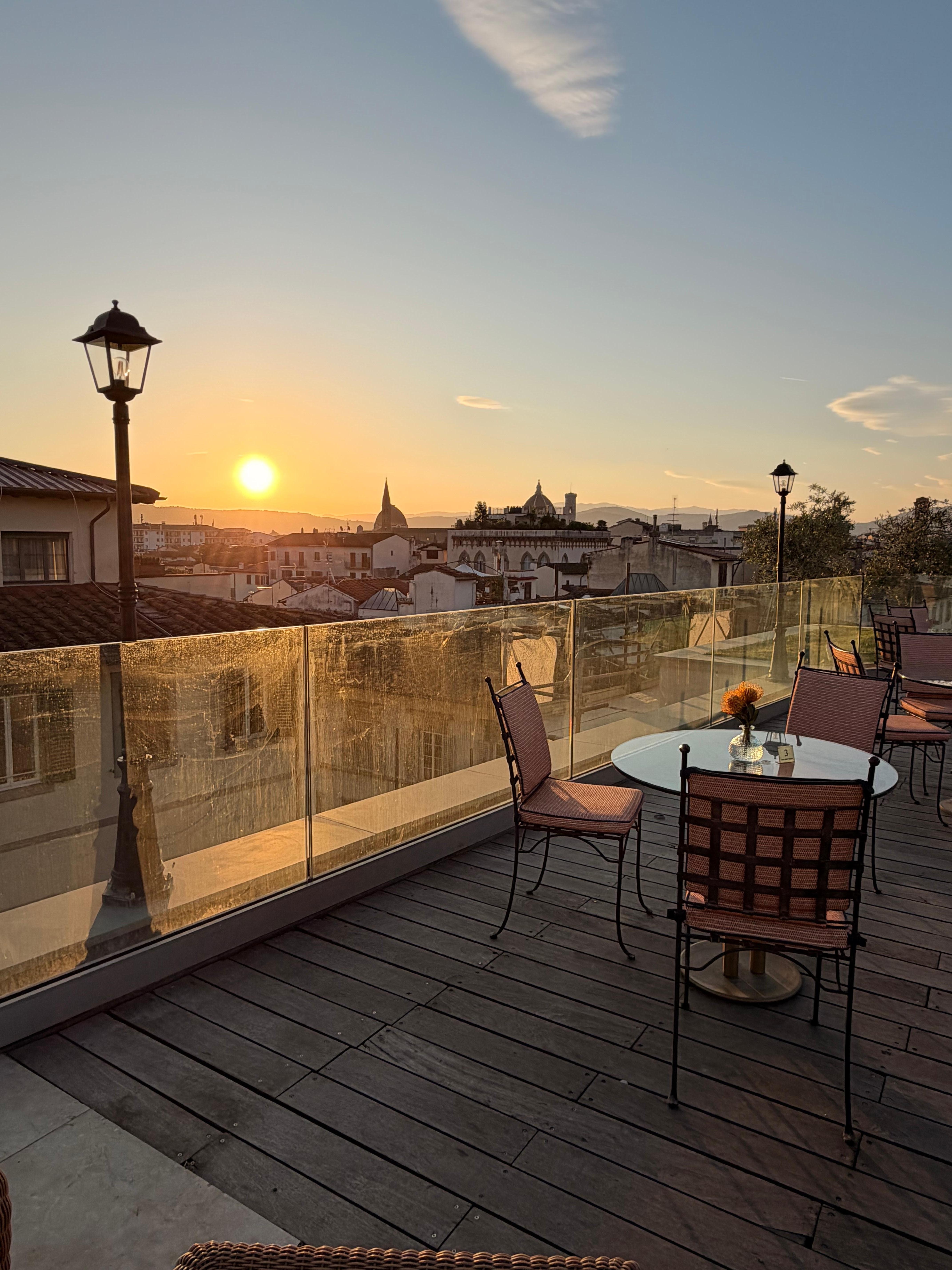 Rooftop terrace set up for breakfast. 