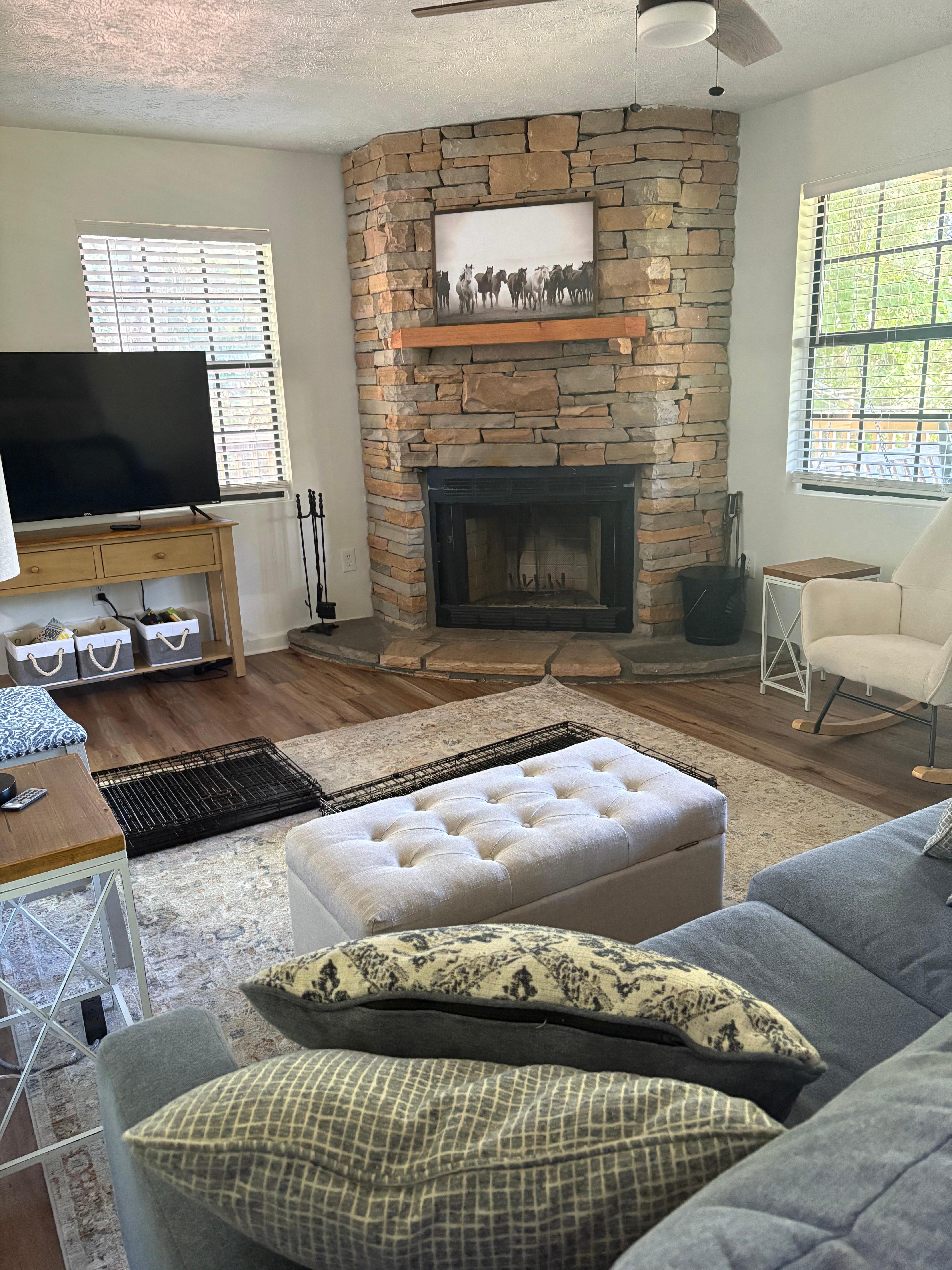 Beautiful and comfortable living room to relax in with a fire