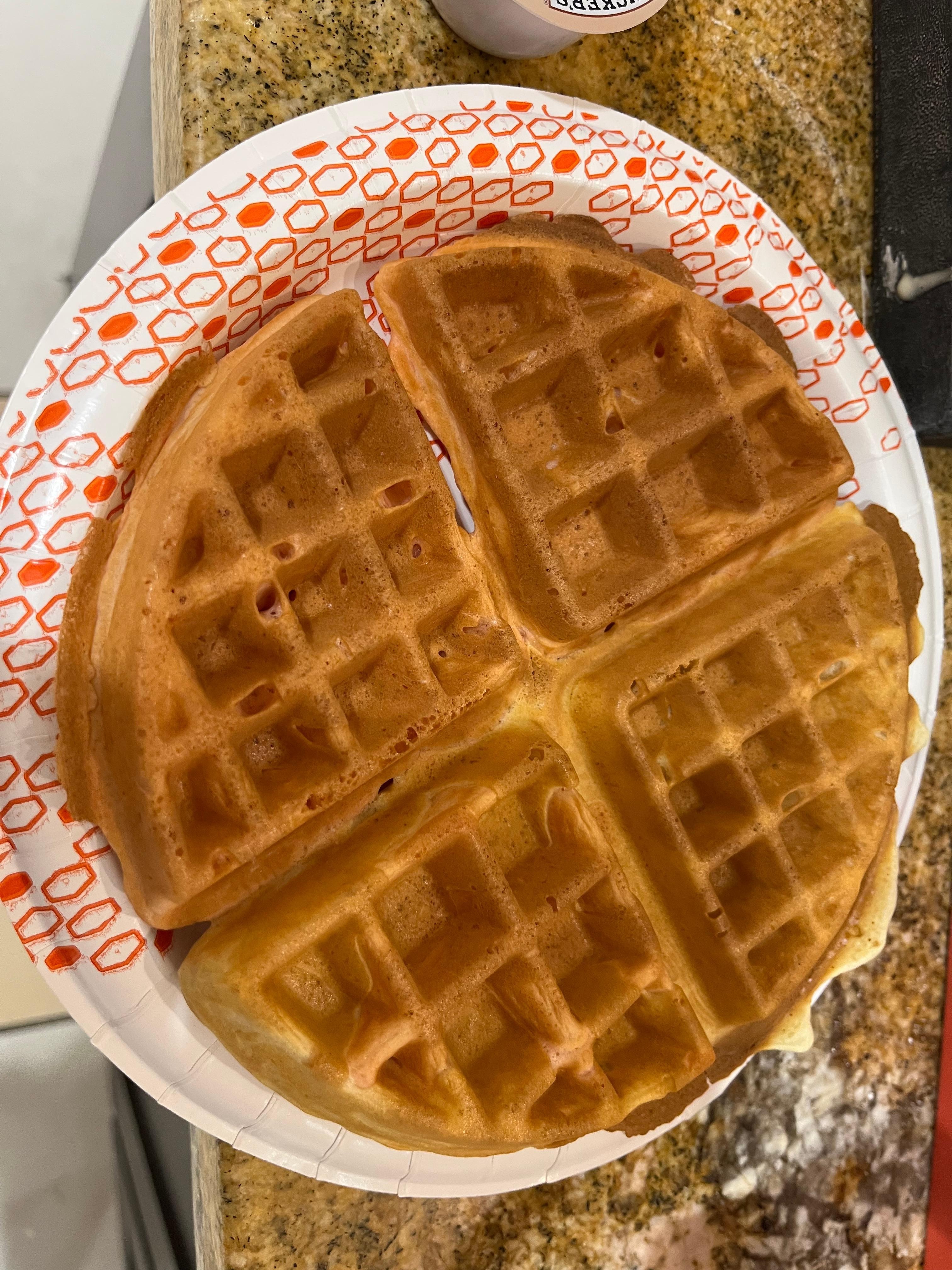 There are two waffle makers (one makes a large waffle like this, the other makes 4 small round waffles).