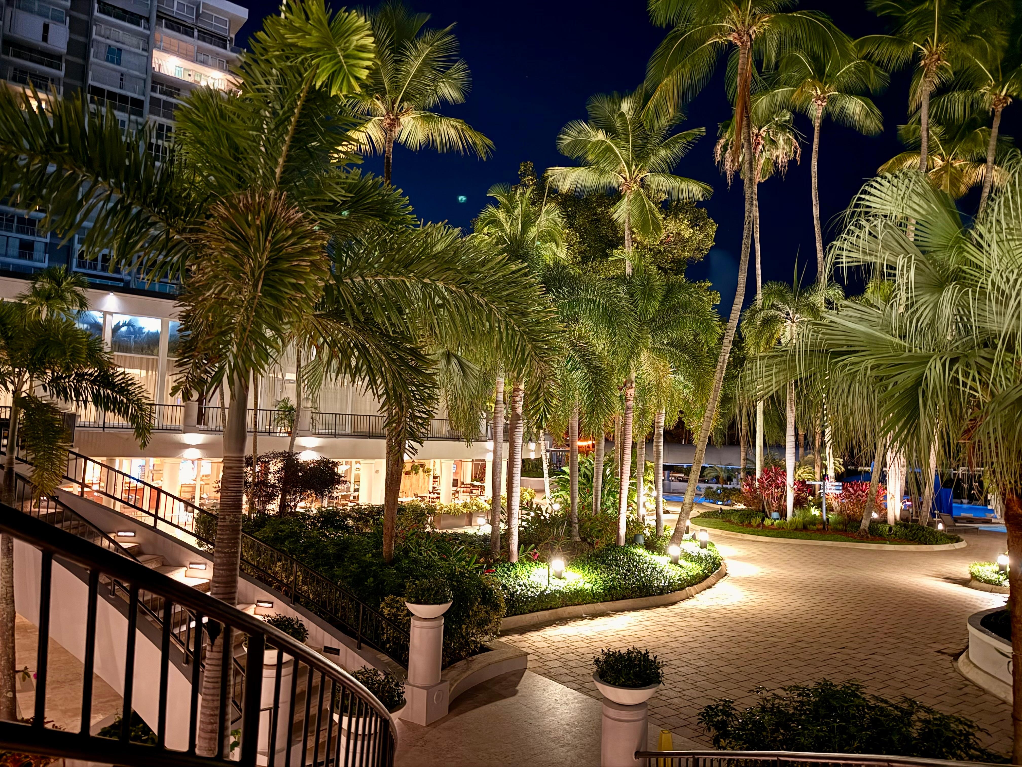 View overlooking the breakfast restaurant at night. 