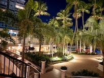 View overlooking the breakfast restaurant at night.
