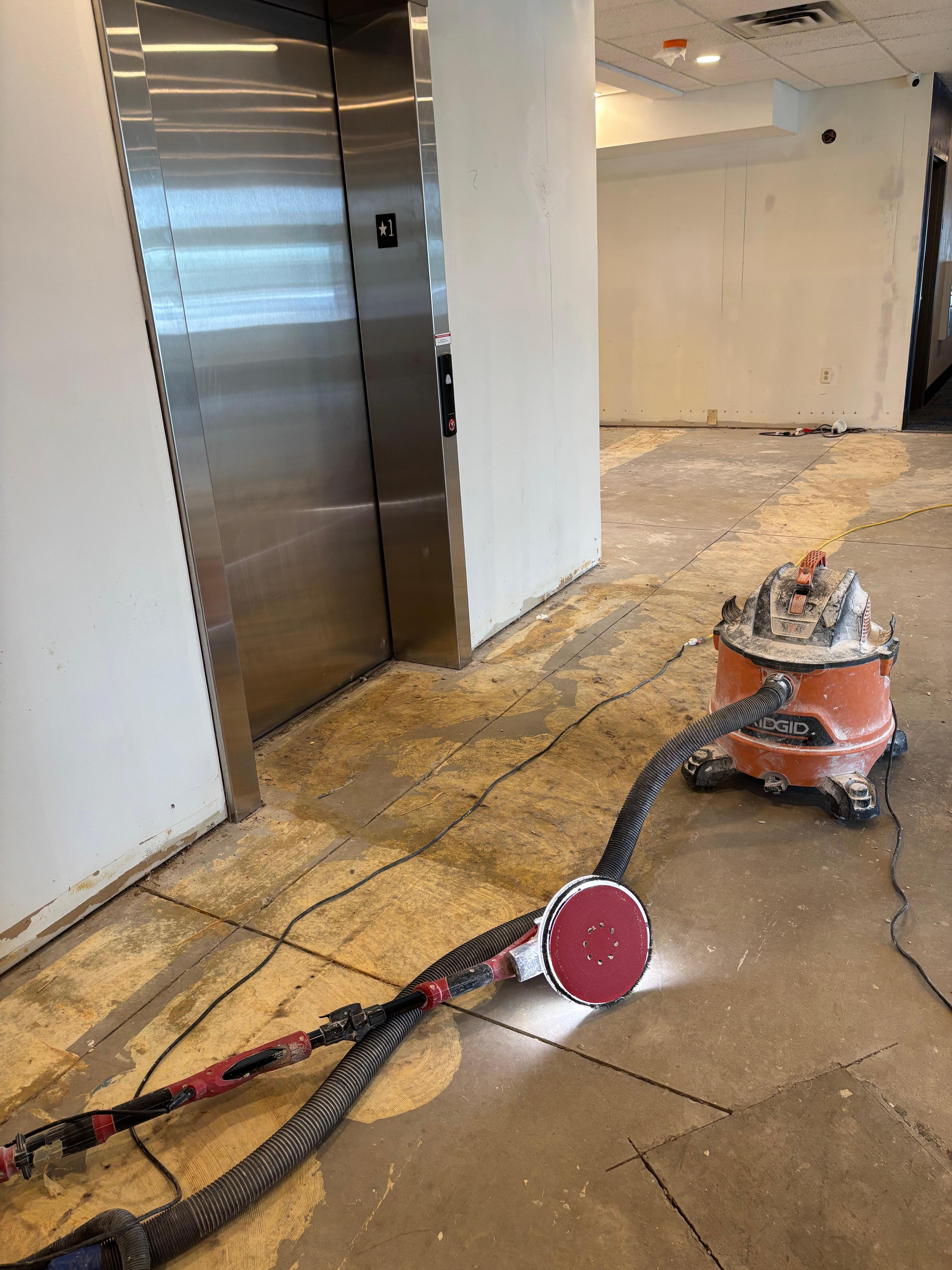 Stepping out of the only elevator into the construction.