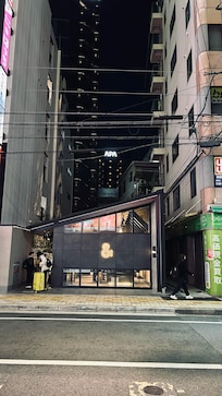 Stylish entrance; tower is offset behind