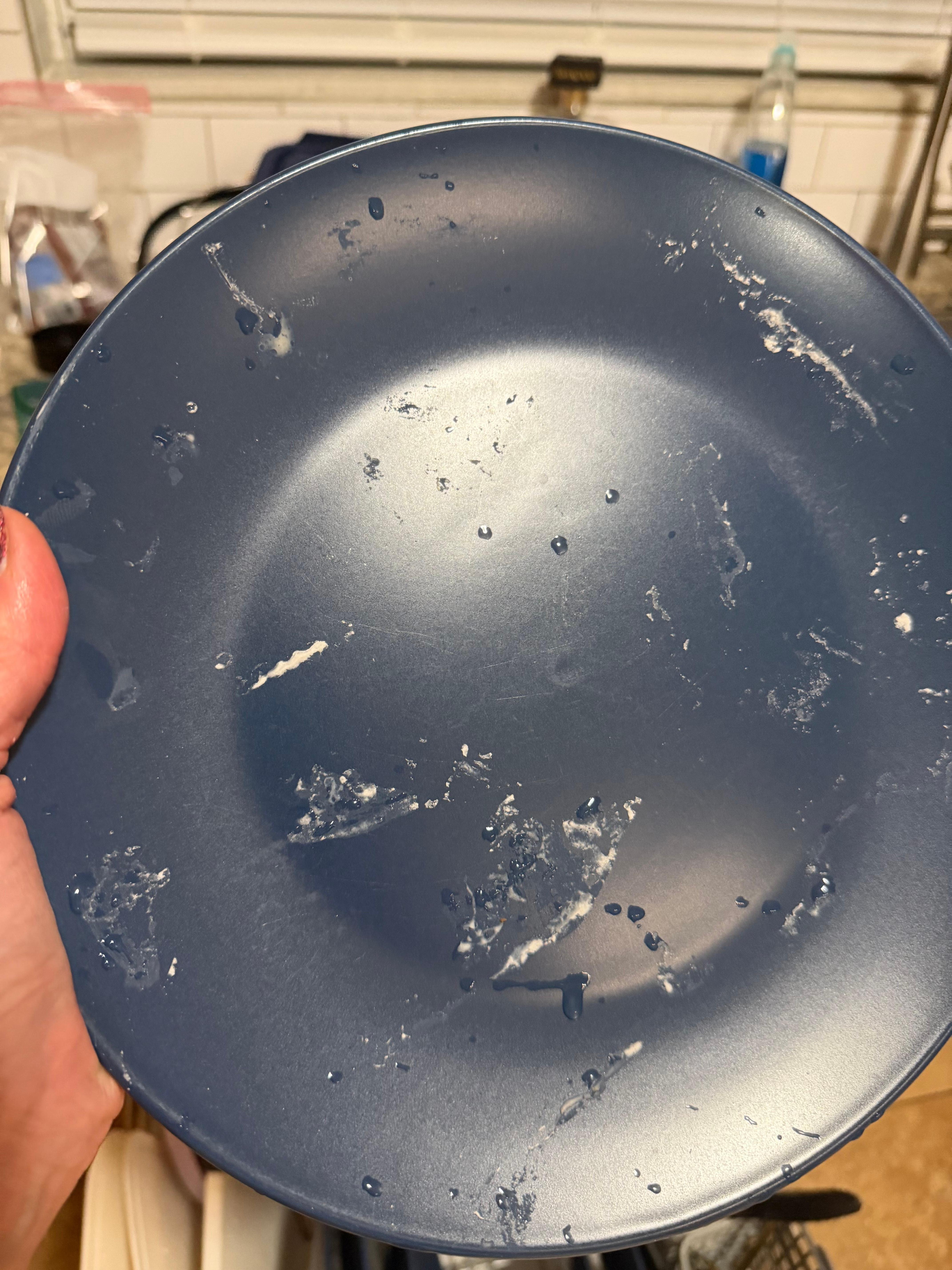 Dirty, wet dishes after dishwasher cycle.