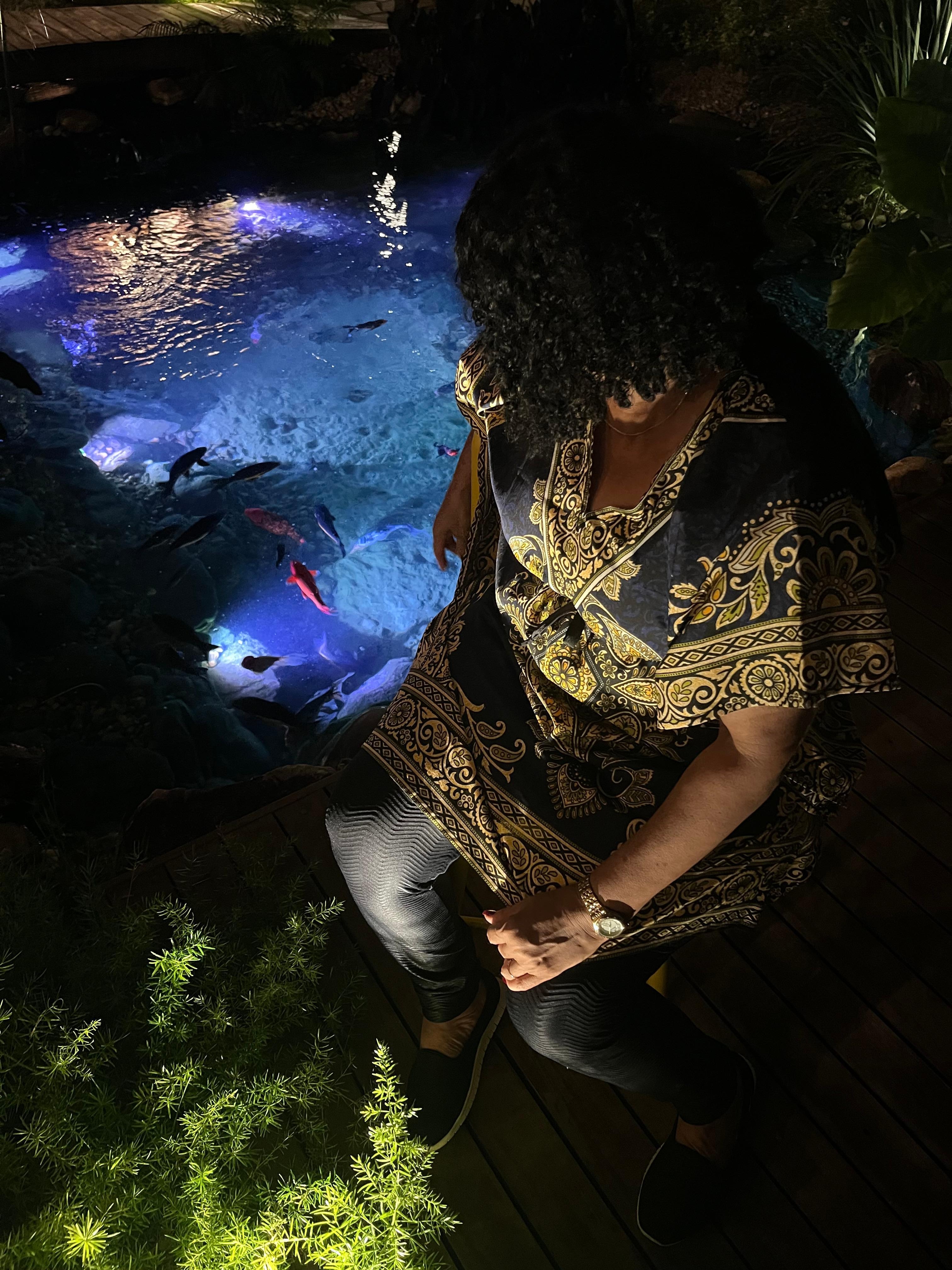 Peixes próximos ao refeitório da pousada, em registro noturno.