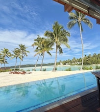 Breakfast view overlooking infinity pool
