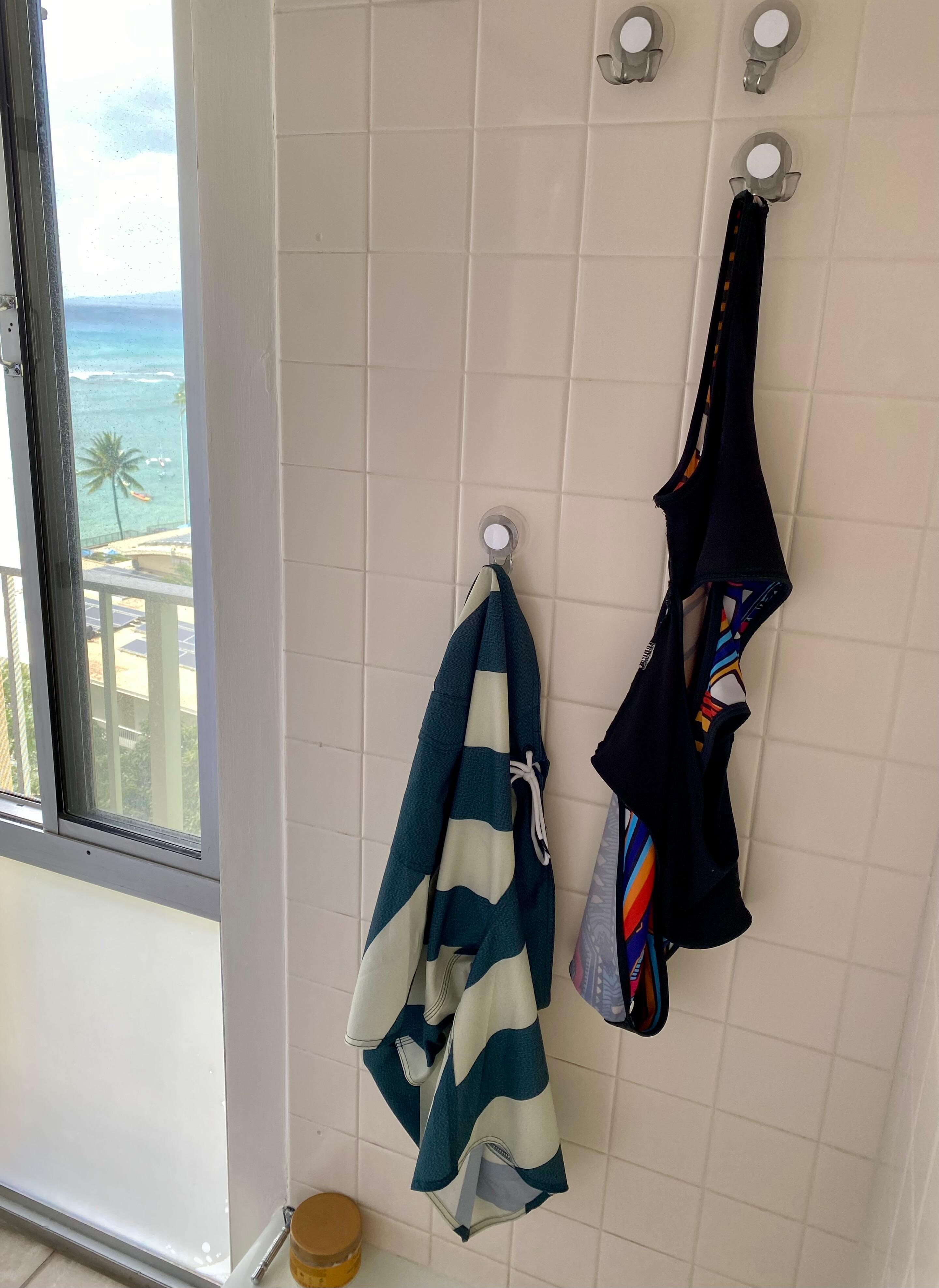 Bathroom view and plenty hooks to hang wet swimsuits
